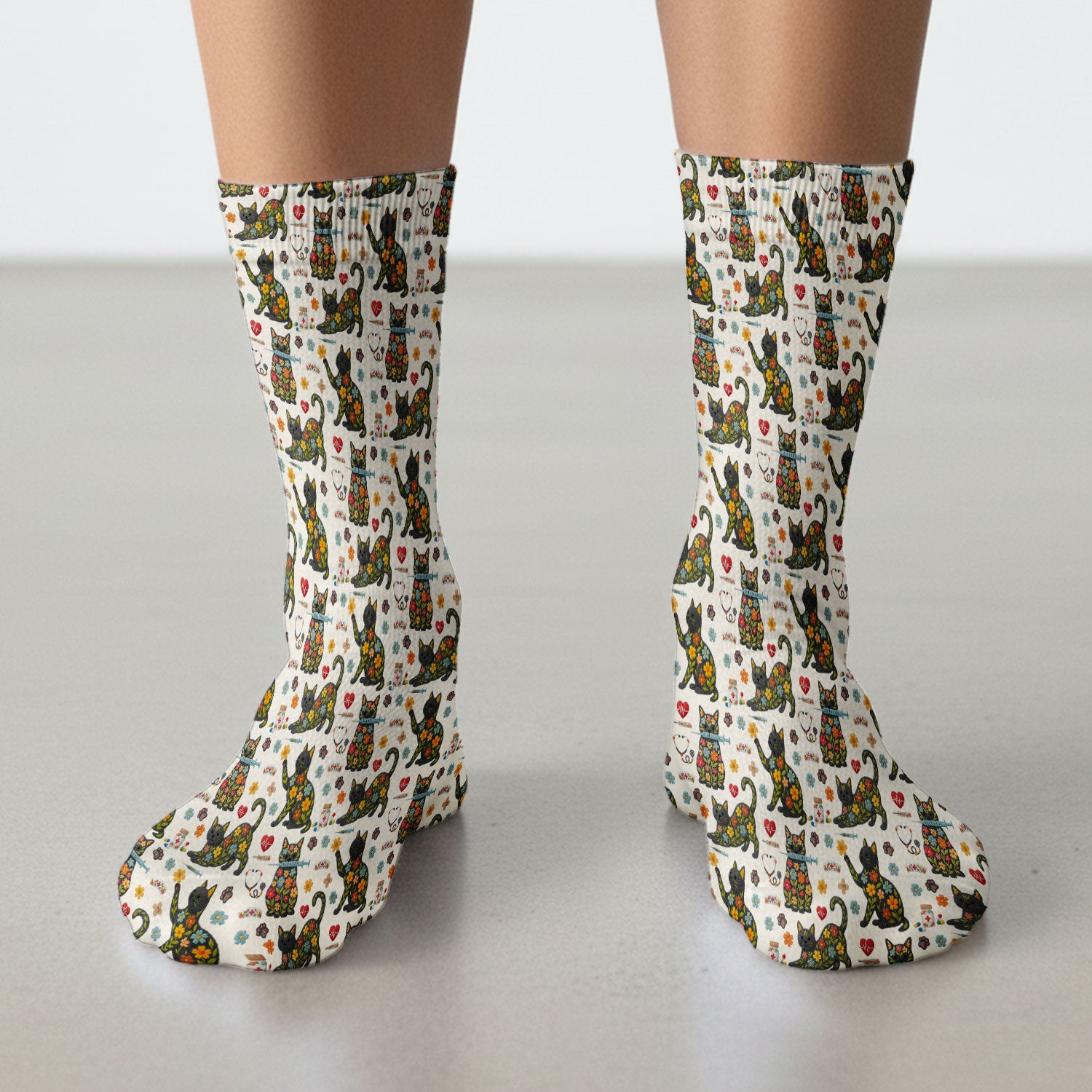 Floral Black Cat Pattern Scrub Socks, Cute Cat Nurse Scrub Sock, Medical Nursing Uniform