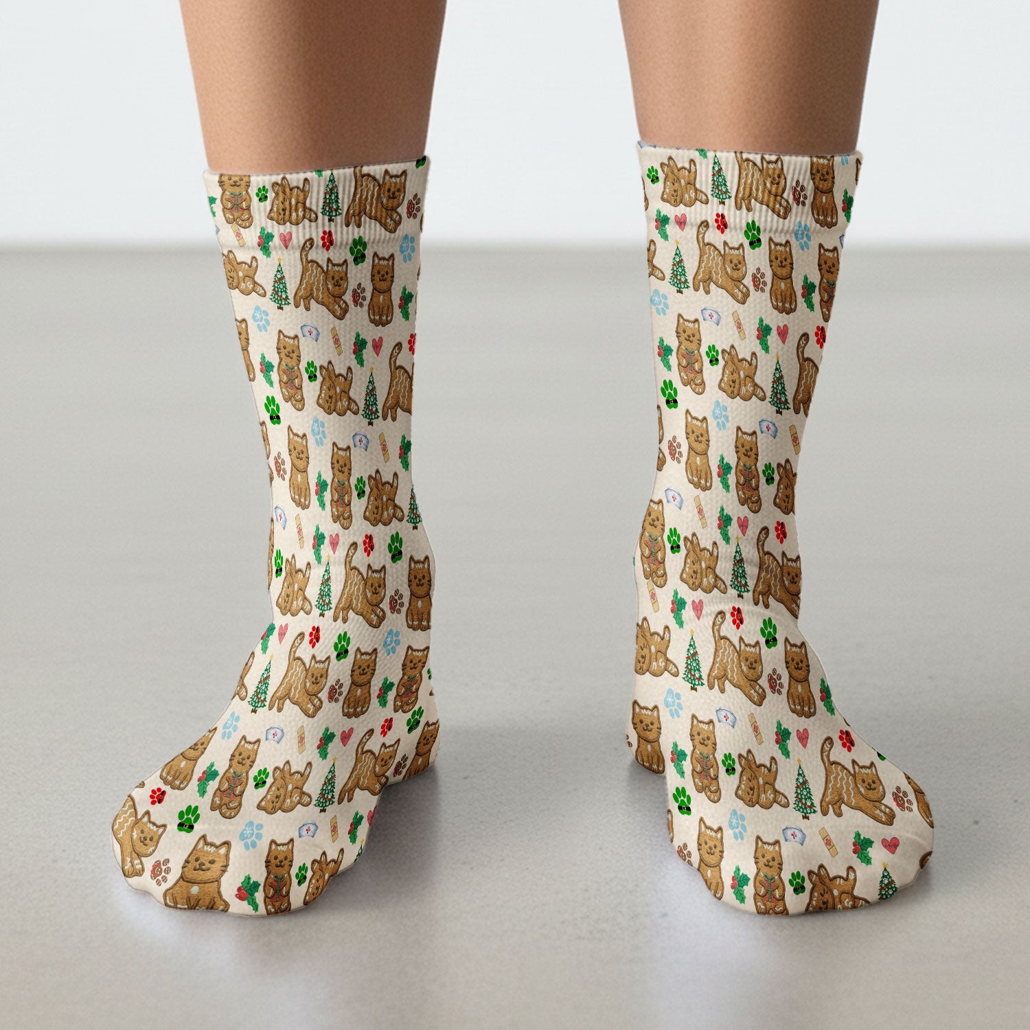 Gingerbread Cat Christmas Scrub Socks, Cute Holiday Kitty Medical Uniform Sock For Nursing, Festive Nurse Pattern