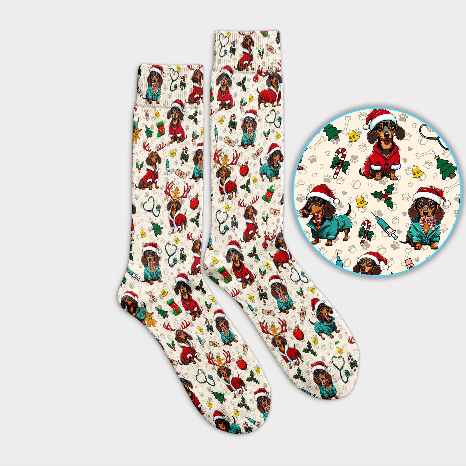Christmas Dachshund Socks for Nurse Doctor - Cute Sausage Dog Funny Reindeer & Santa Adult Socks for Men and Women