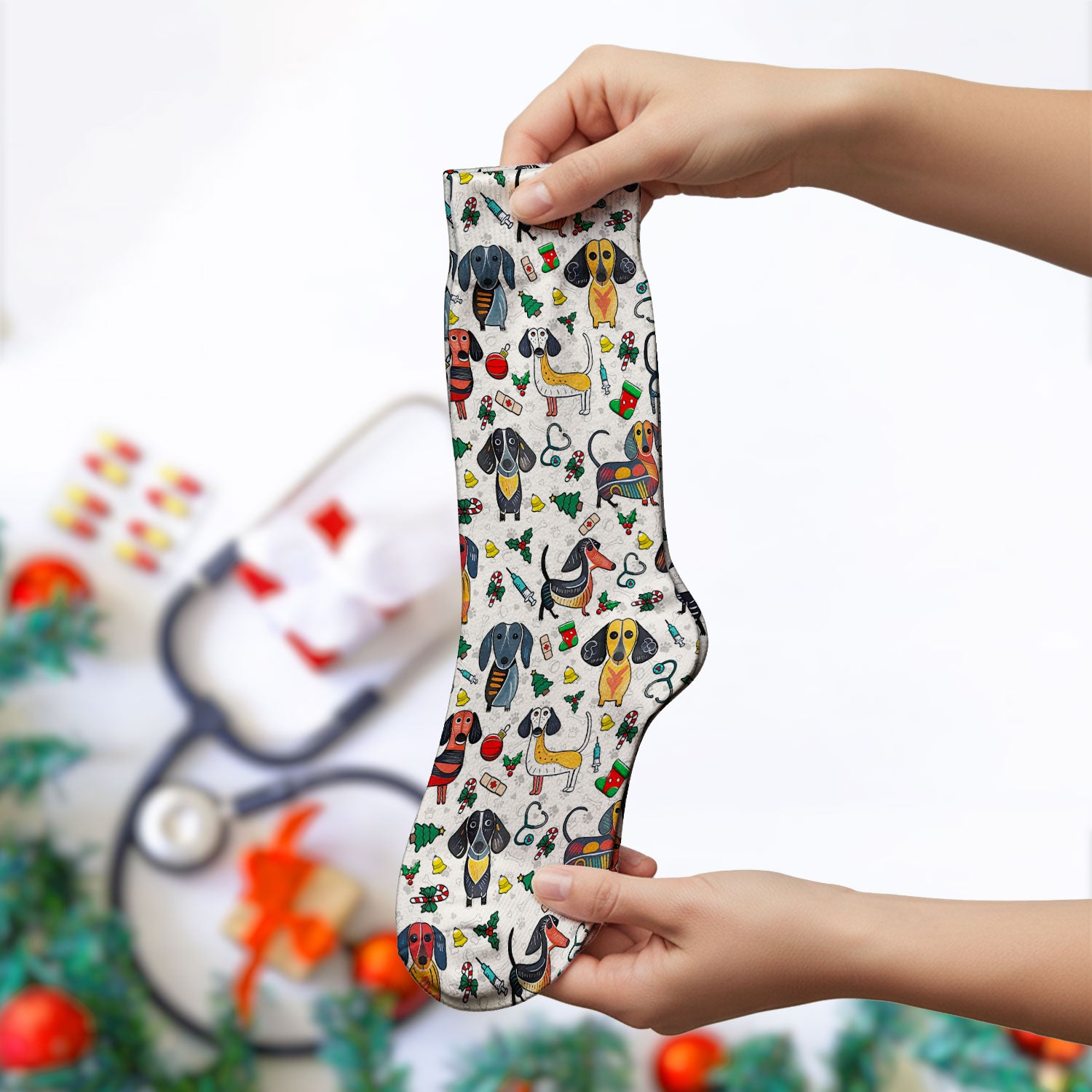 Christmas Wiener Dog Socks for Nurse Doctor - Dachshund Adult Socks for Men and Women - Breathable Fabrics Medical Uniform