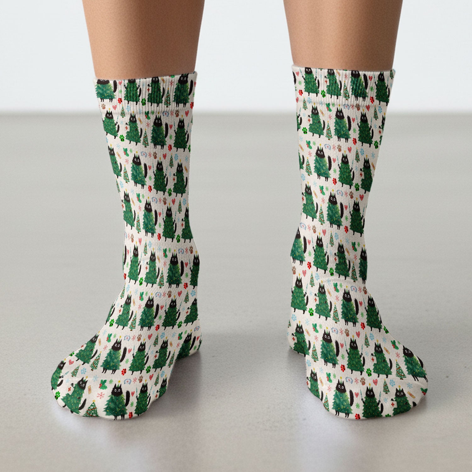 Christmas Nurse Scrub Socks, Xmas Black Cat Pattern Nurse Sock,  Breathable Fabrics Nursing Uniform