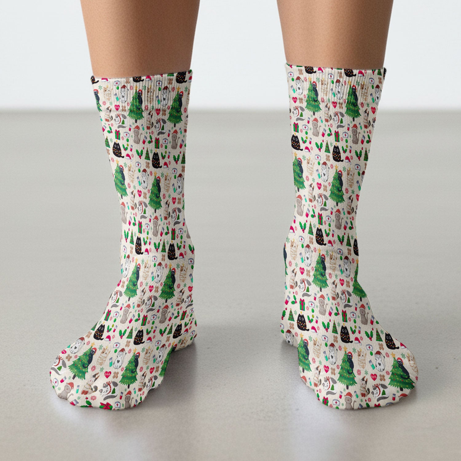 Christmas Cat Scrub Socks, Xmas Pet Pattern Scrub Sock, Breathable Fabrics Nursing Uniform