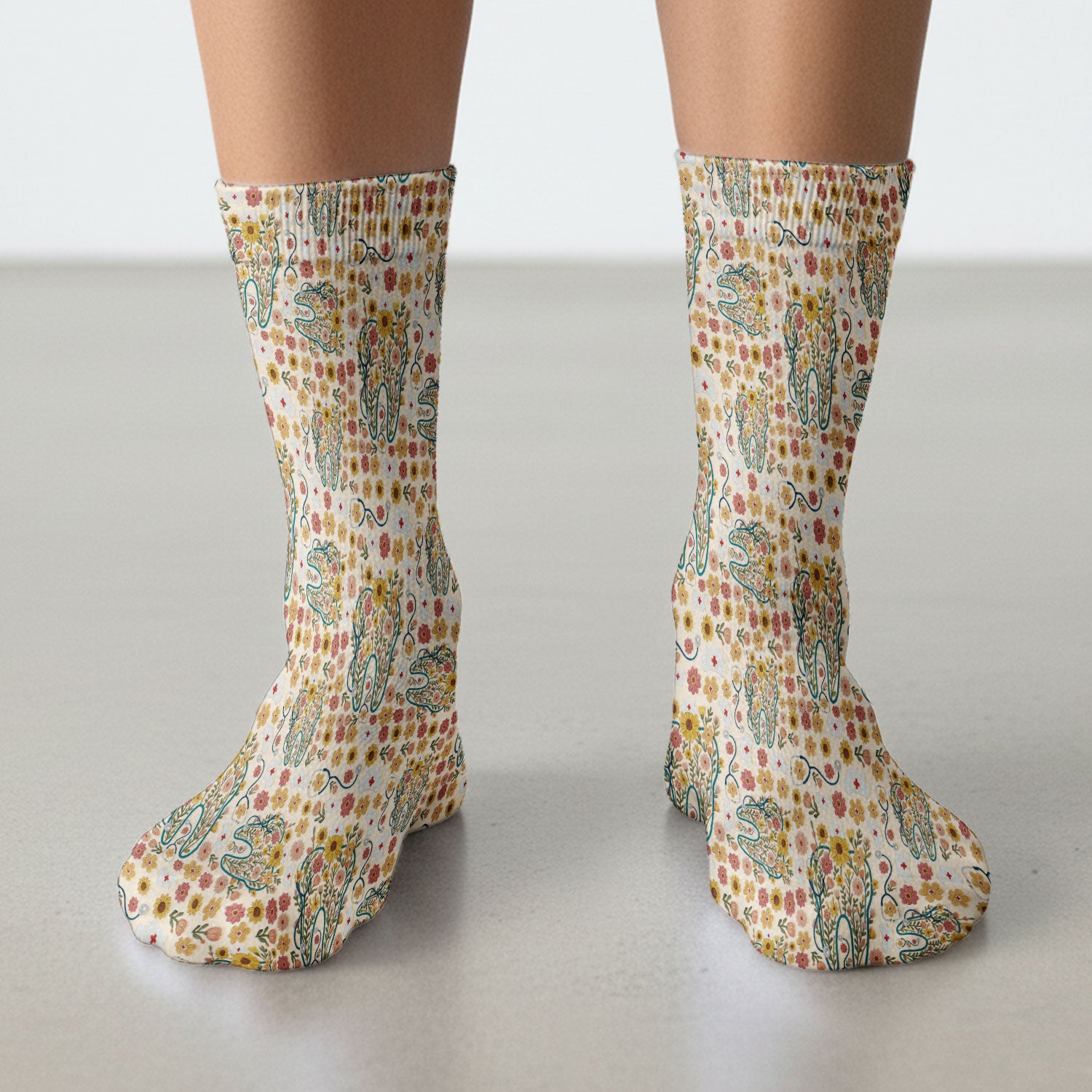 Boho Floral Tooth Socks for Nurse Doctor - Aesthetic Dental Adult Socks for Men and Women - Dentist Christmas Gift