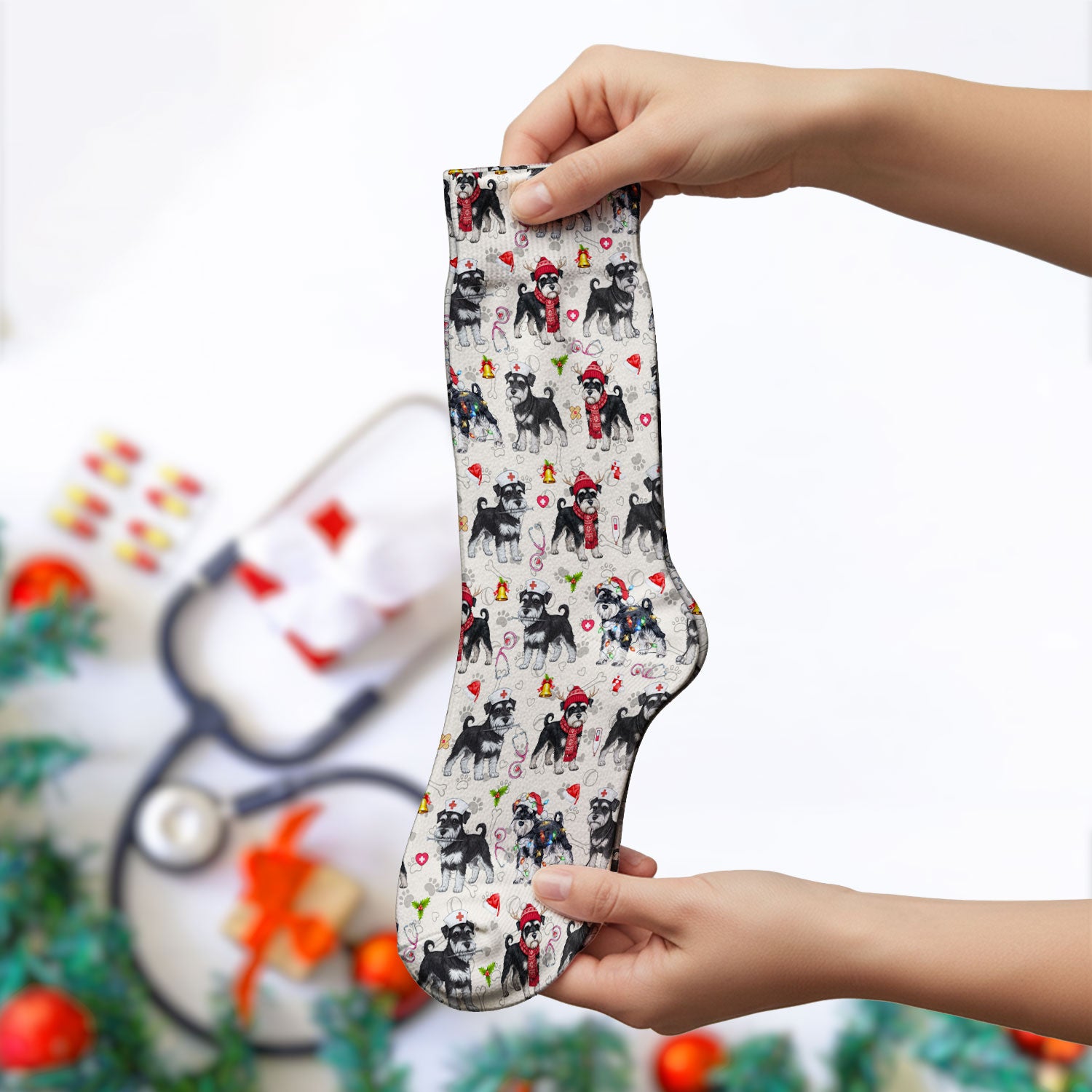 Christmas Schnauzer Socks for Nurse Doctor - Cute Dog Holiday Adult Socks for Men and Women - Breathable Fabrics Medical Uniform