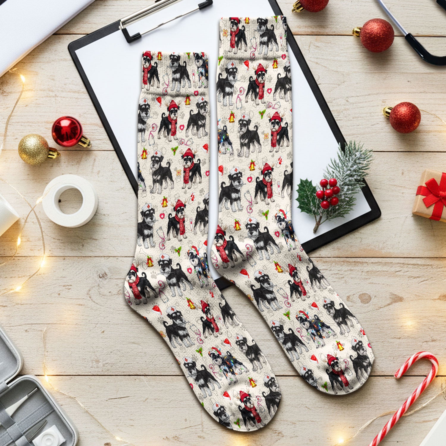 Christmas Schnauzer Socks for Nurse Doctor - Cute Dog Holiday Adult Socks for Men and Women - Breathable Fabrics Medical Uniform