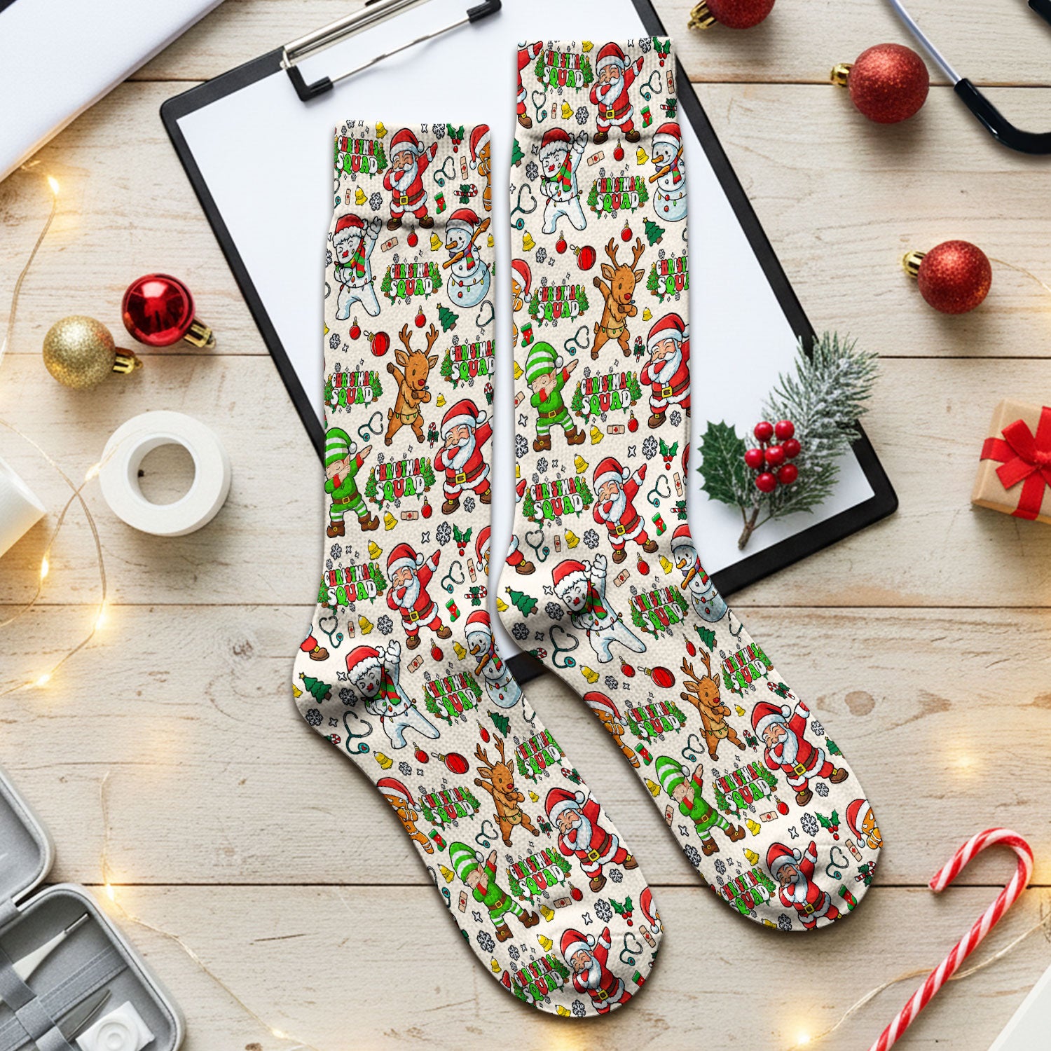Christmas Squad Socks for Nurse Doctor - Dancing Santa, Reindeer & Elf Adult Socks for Men and Women - Gift for CNA LPN RN