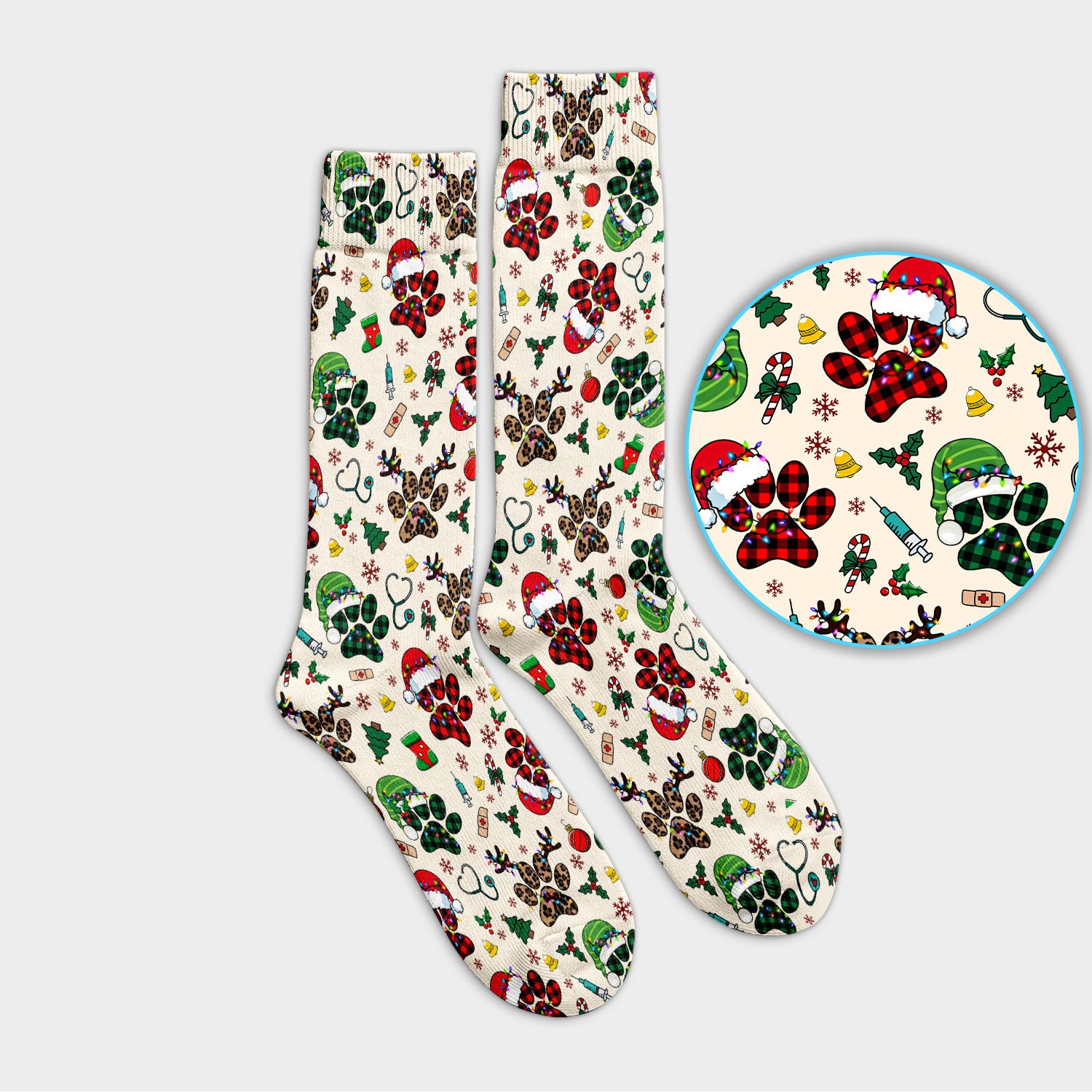 Dog Paw Print Christmas Socks for Nurse Doctor - Cute Leopard Pattern Adult Socks for Men and Women - Breathable Medical Uniform