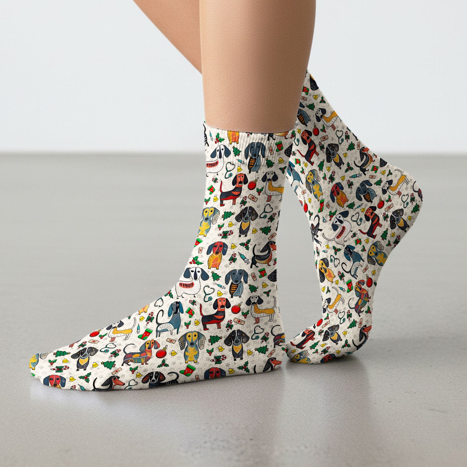 Christmas Wiener Dog Socks for Nurse Doctor - Dachshund Adult Socks for Men and Women - Breathable Fabrics Medical Uniform