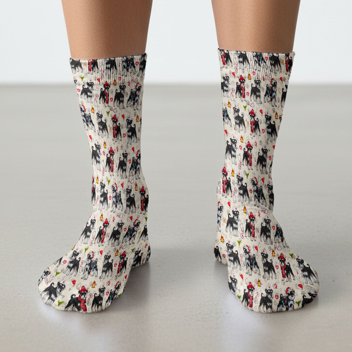 Christmas Schnauzer Socks for Nurse Doctor - Cute Dog Holiday Adult Socks for Men and Women - Breathable Fabrics Medical Uniform
