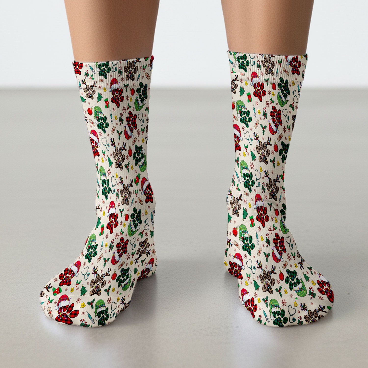 Dog Paw Print Christmas Socks for Nurse Doctor - Cute Leopard Pattern Adult Socks for Men and Women - Breathable Medical Uniform