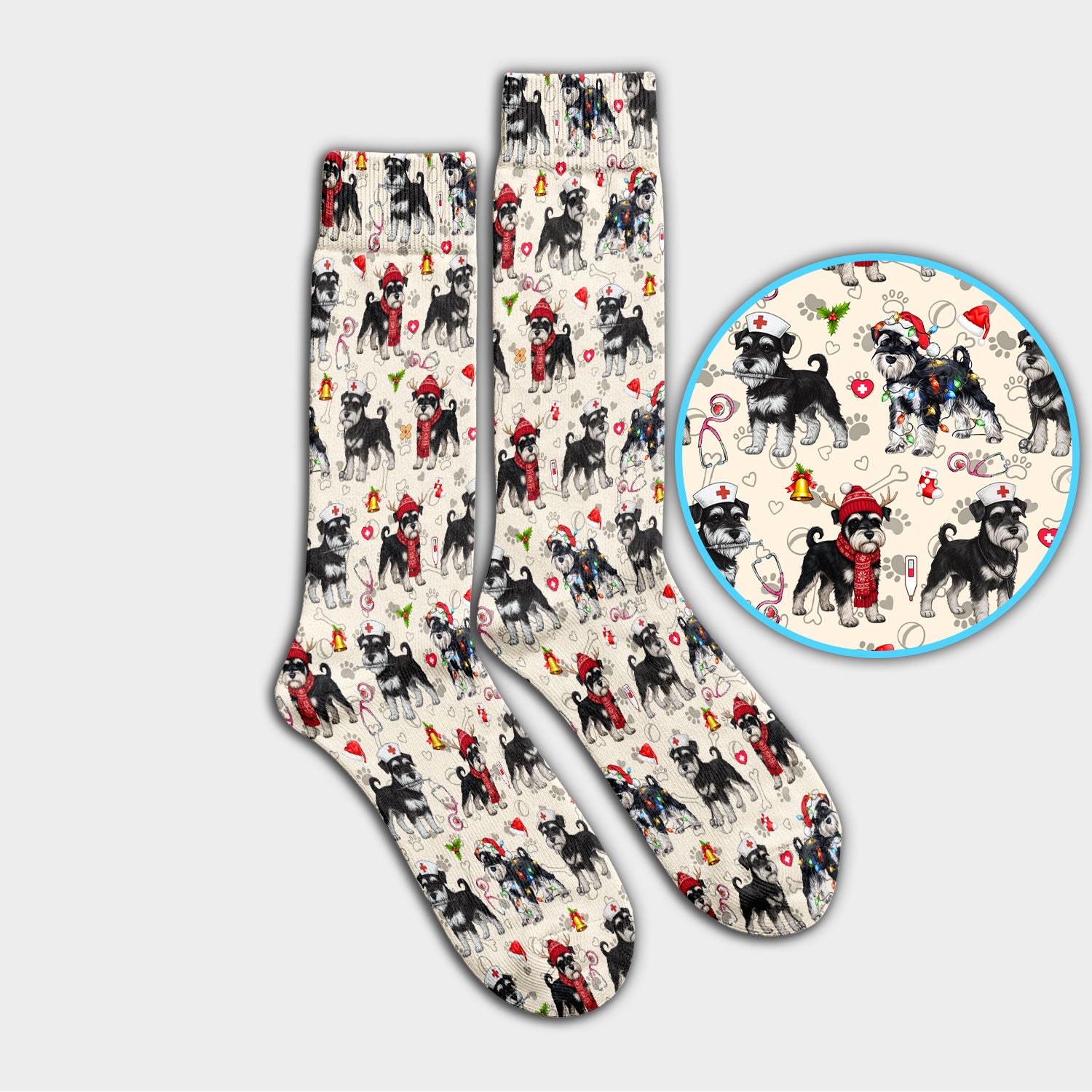 Christmas Schnauzer Socks for Nurse Doctor - Cute Dog Holiday Adult Socks for Men and Women - Breathable Fabrics Medical Uniform