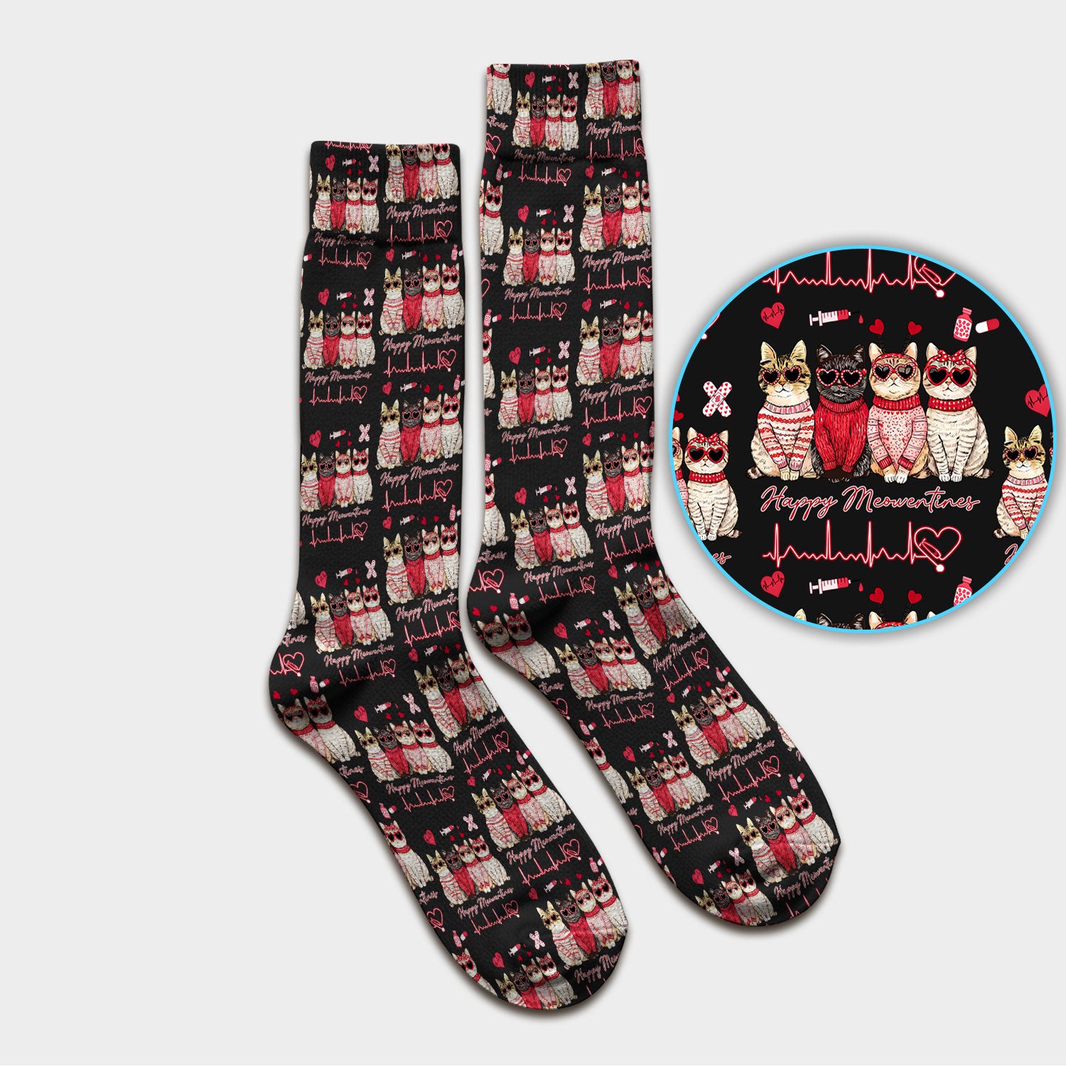 Happy Meowtines Cat Pattern Scrub Socks, Valentine Cat Lover Nurse Scrub Sock, Heartbeat Medical Pattern Nursing Uniform