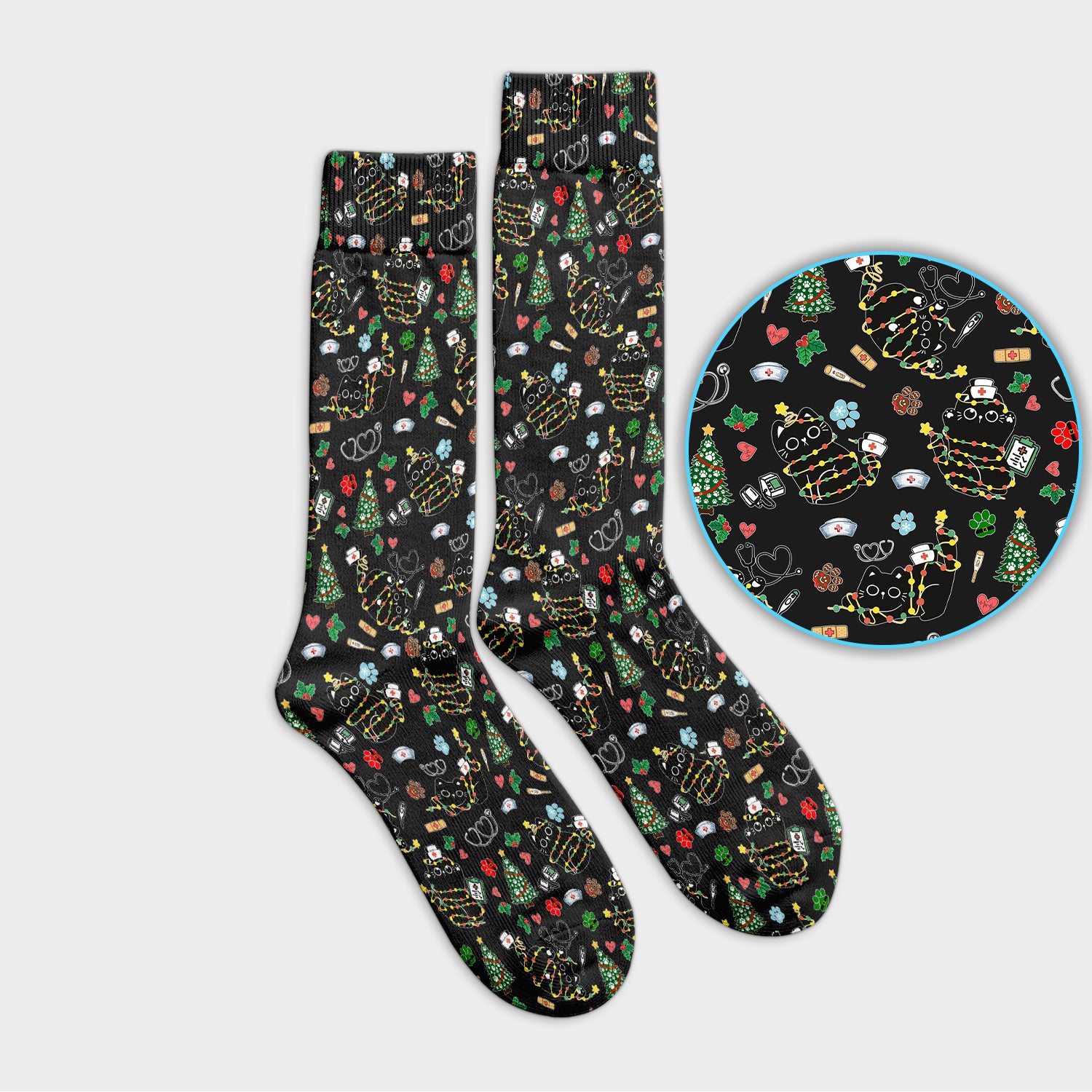 Funny Black Cat Christmas Scrub Socks – Cute Holiday Kitty Pattern – Festive Medical Uniform for Nurses, Vets, and Cat Lovers