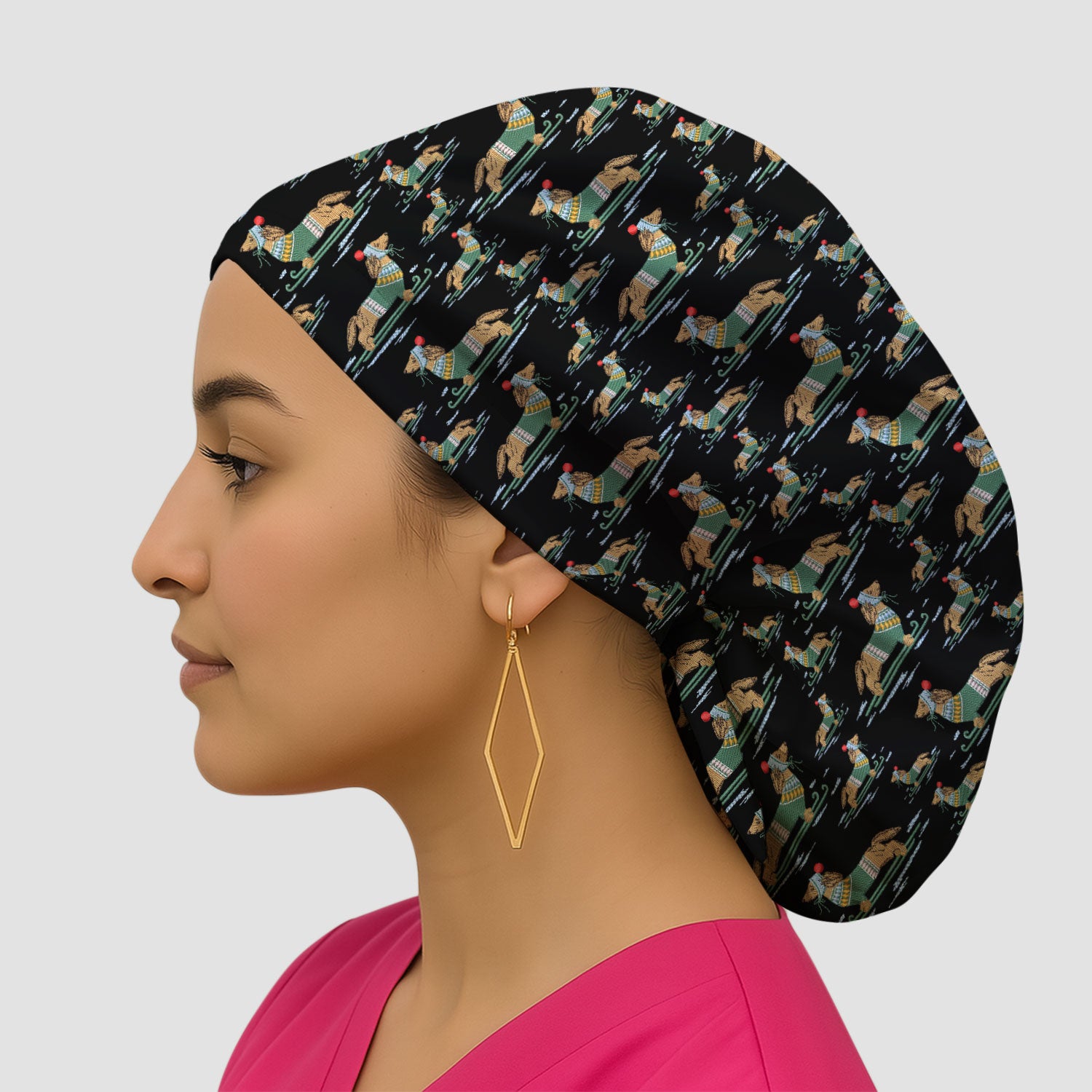 Dachshund Nurse Scrub Cap, Wiener Dog Winter Pattern Hat, Breathable Fabrics Nursing Uniform