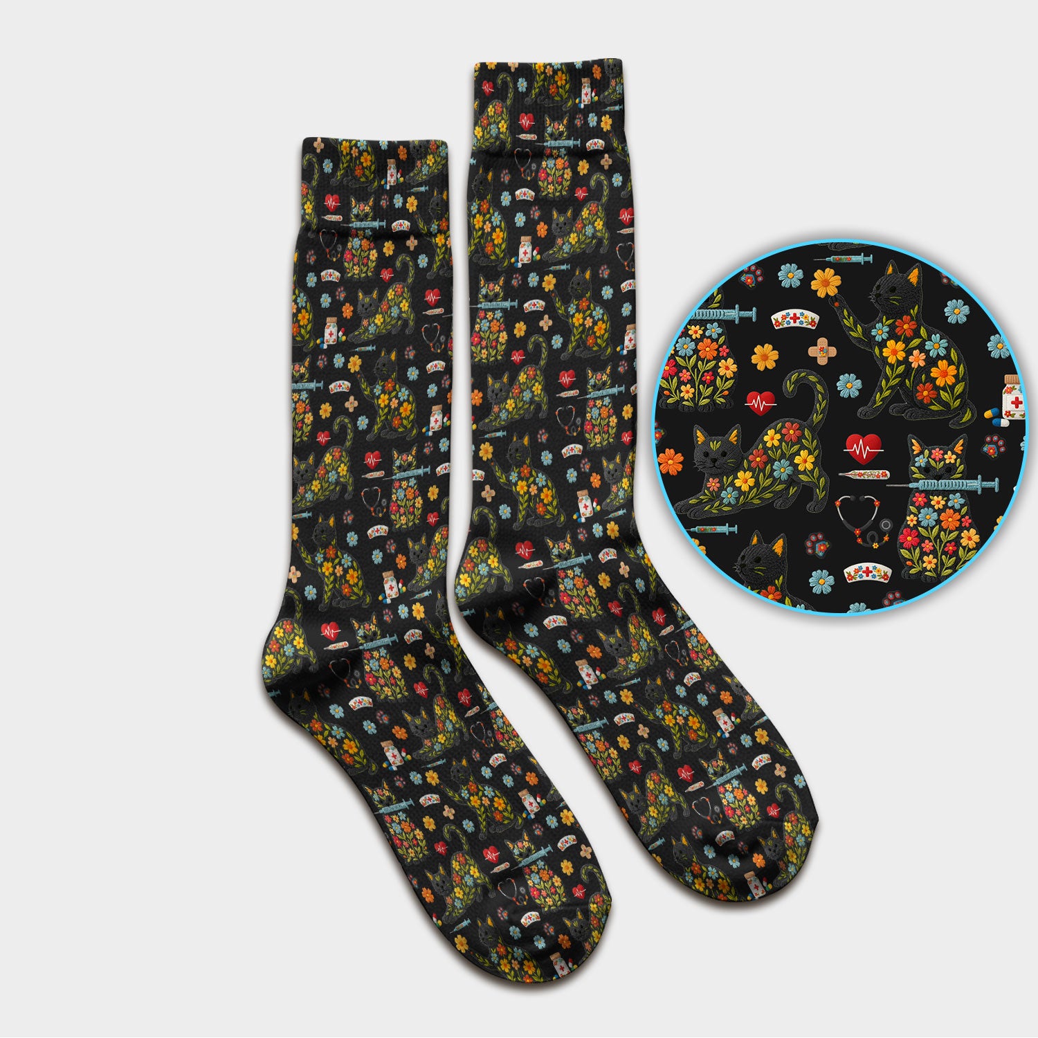 Floral Black Cat Pattern Scrub Socks, Cute Cat Nurse Scrub Sock, Medical Nursing Uniform