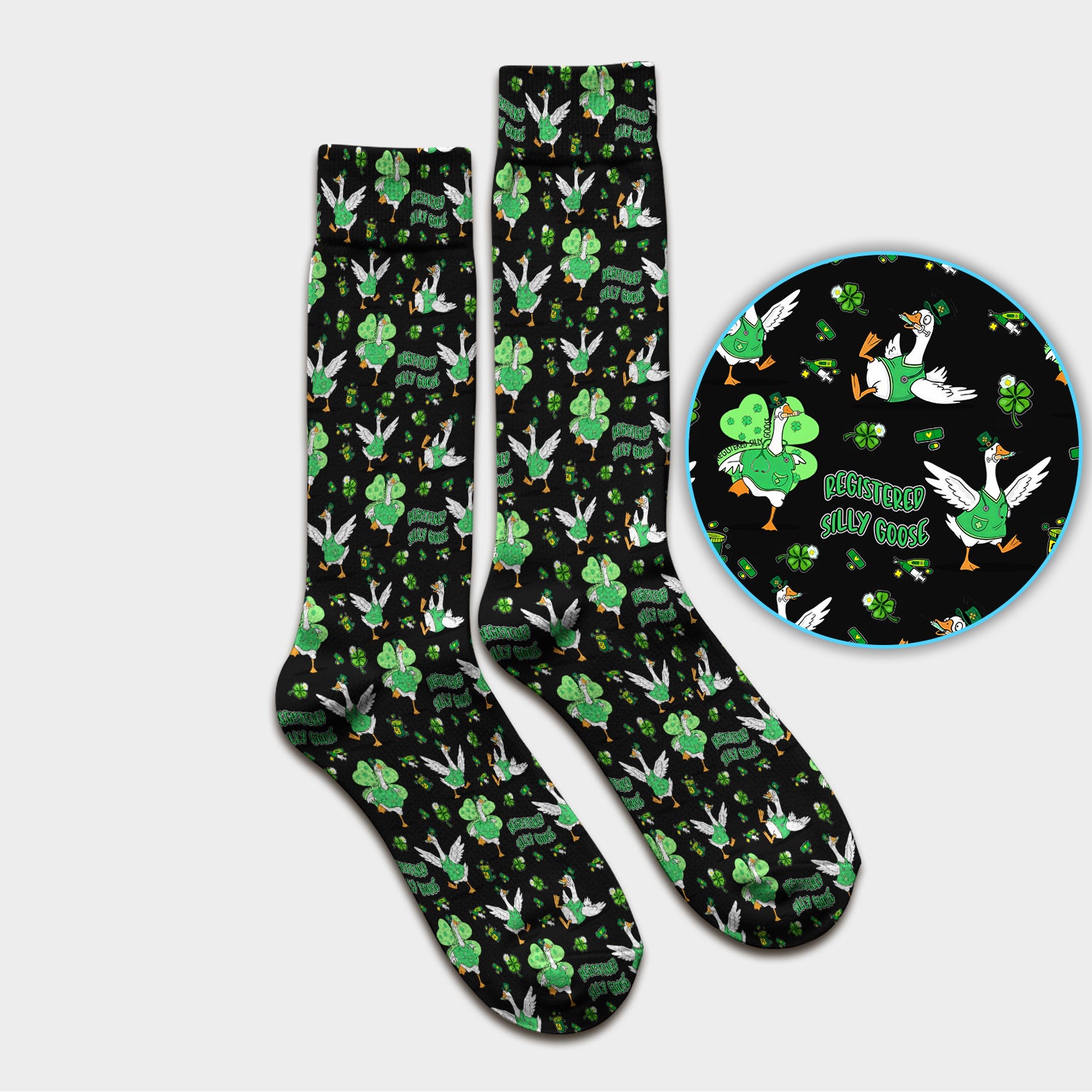 Silly Goose St. Patrick’s Day Scrub Socks, Funny Goose Shamrock Pattern Nurse Scrub Sock, Irish Green Nursing Uniform
