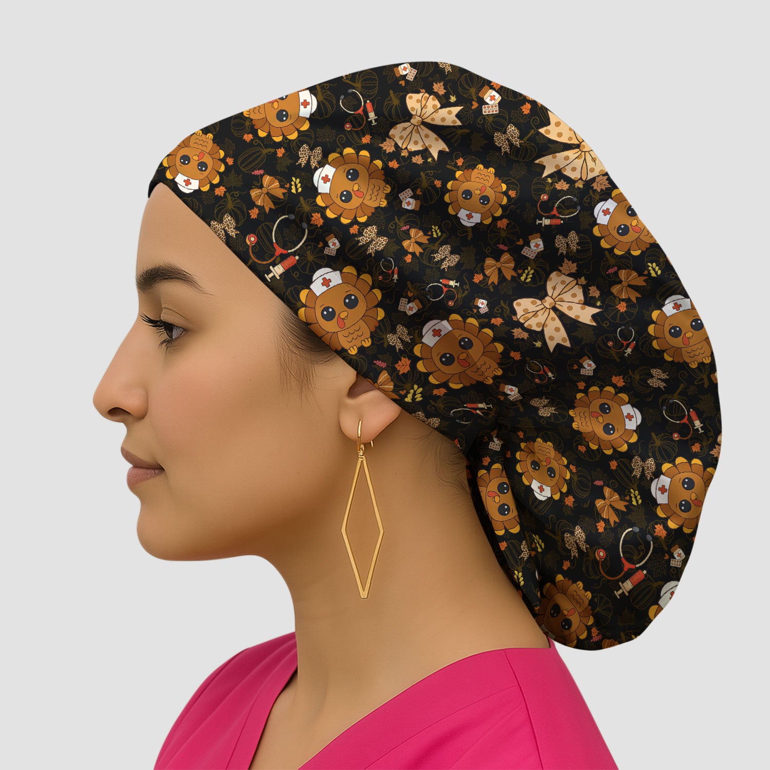 Thanksgiving Bouffant Scrub Caps for Women - Fall Leaves and Bow Holiday Nursing Gift - Breathable Fabrics Caps Uniform