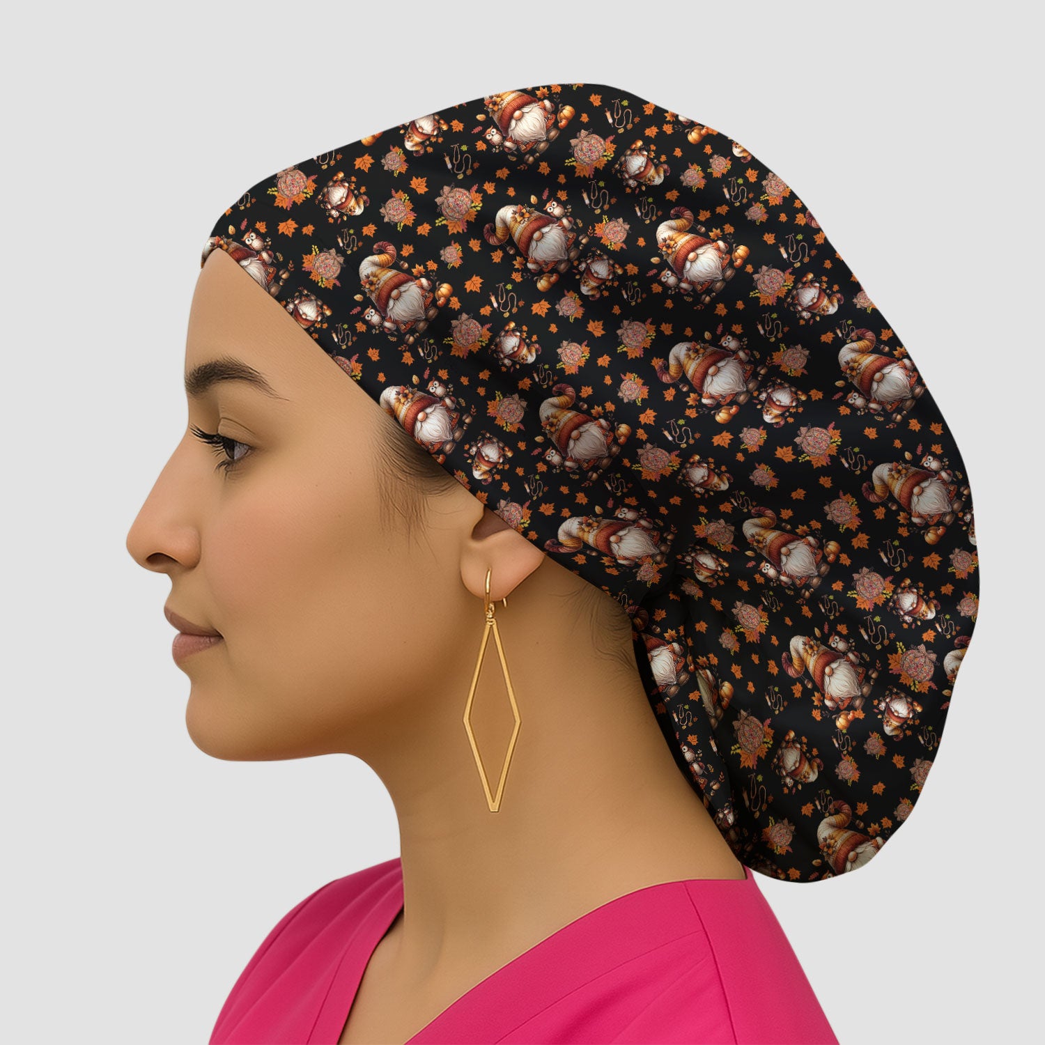 Autumn Leaves Pumpkin Bouffant Scrub Caps for Women - Thanksgiving Surgical Caps for Doctors - Gnome Lover Gift for Her