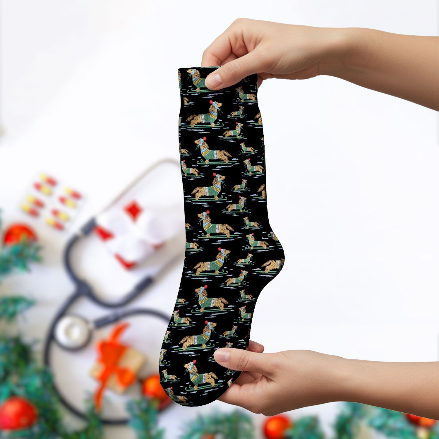Dachshund Nurse Scrub Socks, Wiener Dog Winter Pattern Sock, Breathable Fabrics Nursing Uniform