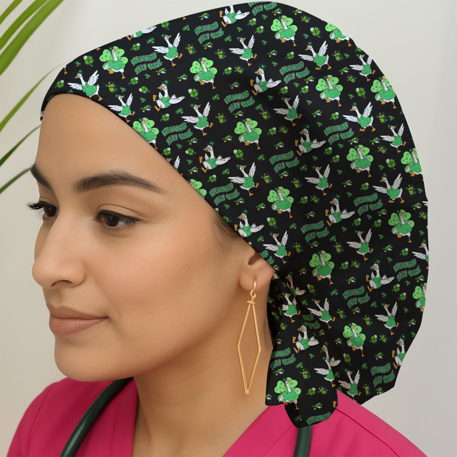 Silly Goose St. Patrick’s Day Scrub Cap, Funny Goose Shamrock Pattern Nurse Scrub Hat, Irish Green Nursing Uniform