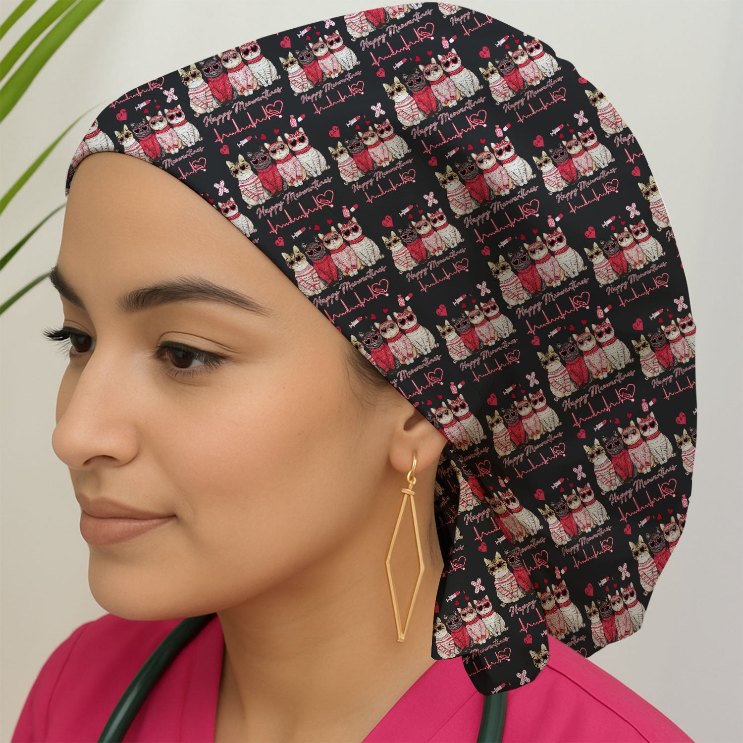 Happy Meowtines Cat Pattern Scrub Cap, Valentine Cat Lover Nurse Scrub Hat, Heartbeat Medical Pattern Nursing Uniform