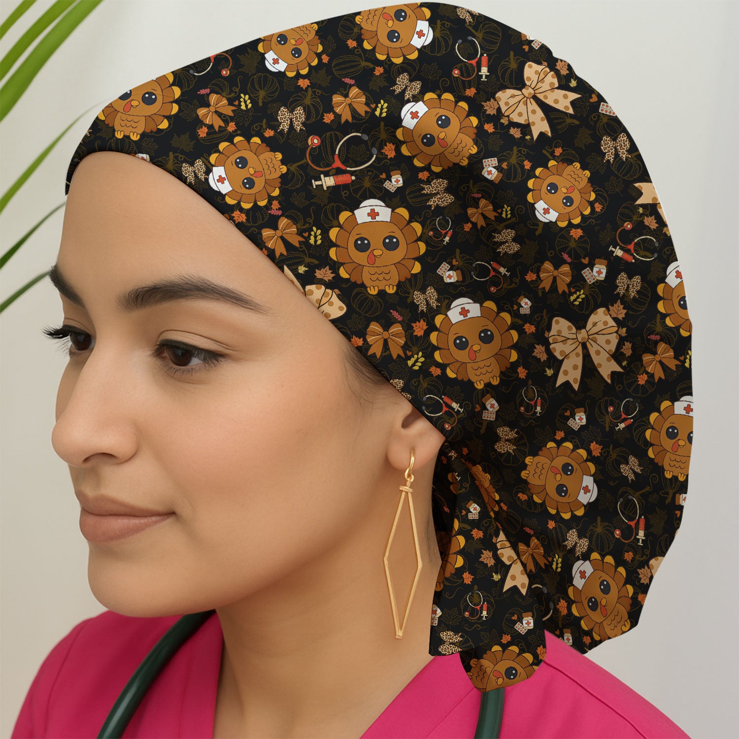 Thanksgiving Bouffant Scrub Caps for Women - Fall Leaves and Bow Holiday Nursing Gift - Breathable Fabrics Caps Uniform