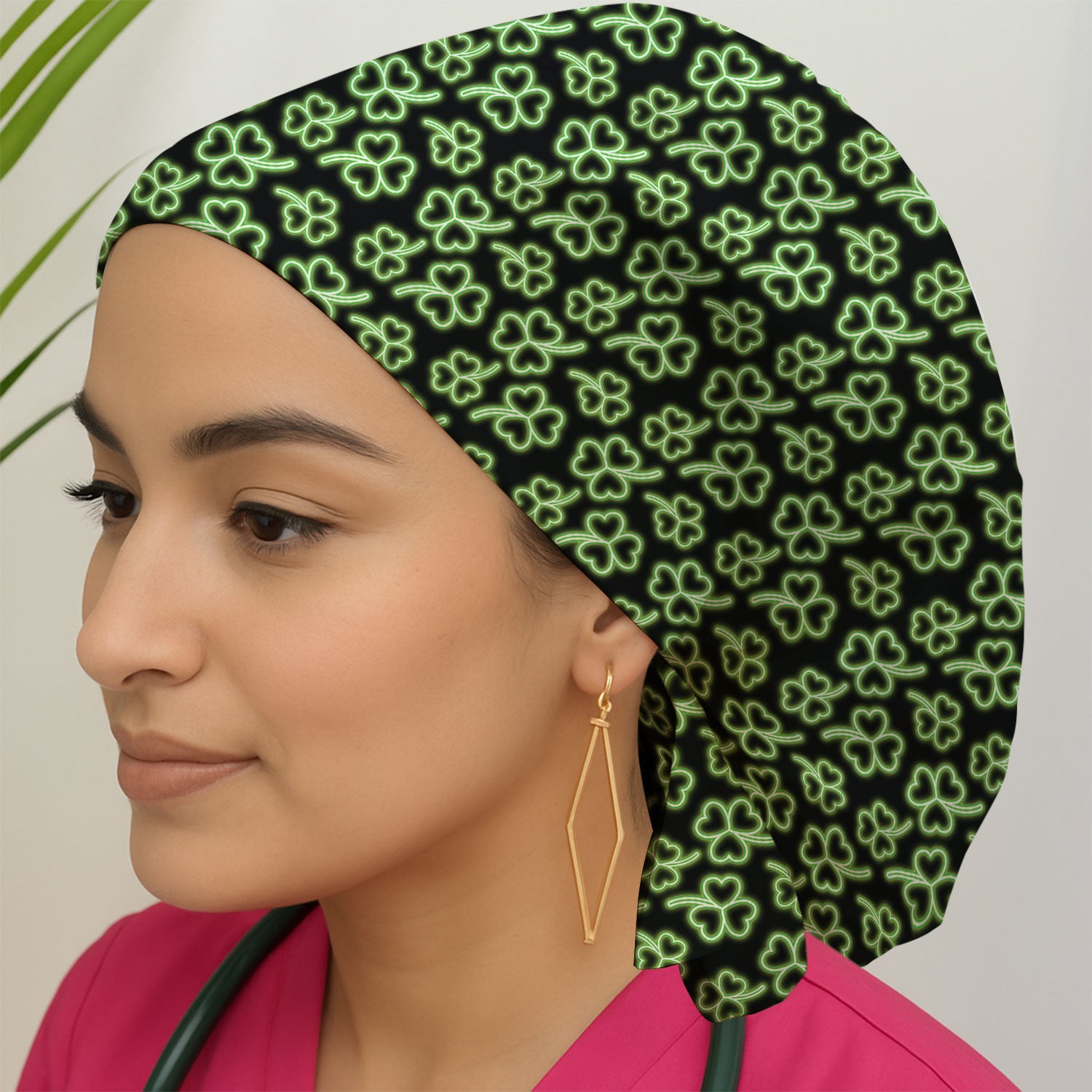 Neon Shamrock Nurse Scrub Cap, St. Patrick’s Day Glow Green Pattern Pattern Hat,  Breathable Fabrics Nursing Uniform