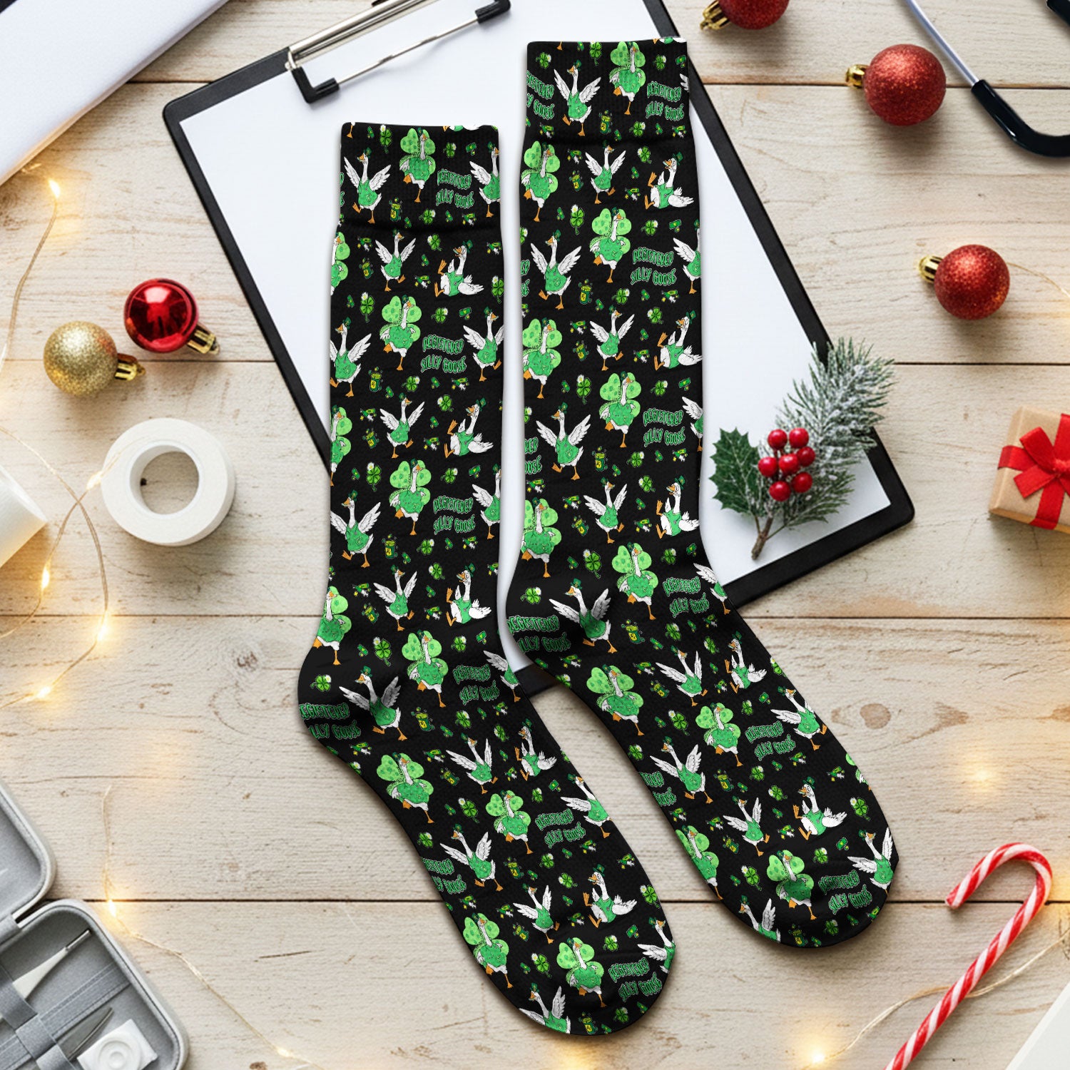 Silly Goose St. Patrick’s Day Scrub Socks, Funny Goose Shamrock Pattern Nurse Scrub Sock, Irish Green Nursing Uniform