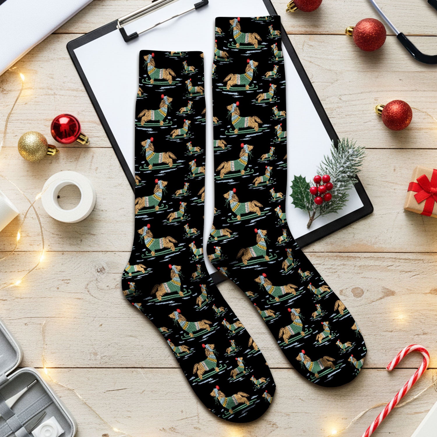 Dachshund Nurse Scrub Socks, Wiener Dog Winter Pattern Sock, Breathable Fabrics Nursing Uniform