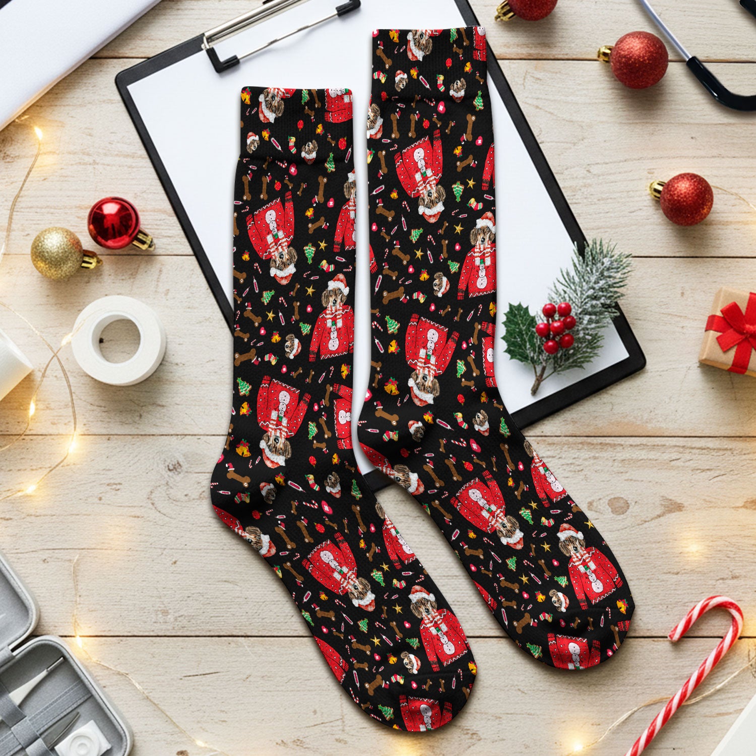 Funny Dog Christmas Socks – Cute Puppy in Santa Outfit Pattern – Festive Holiday Medical Uniform For Nurses And Pet Lovers