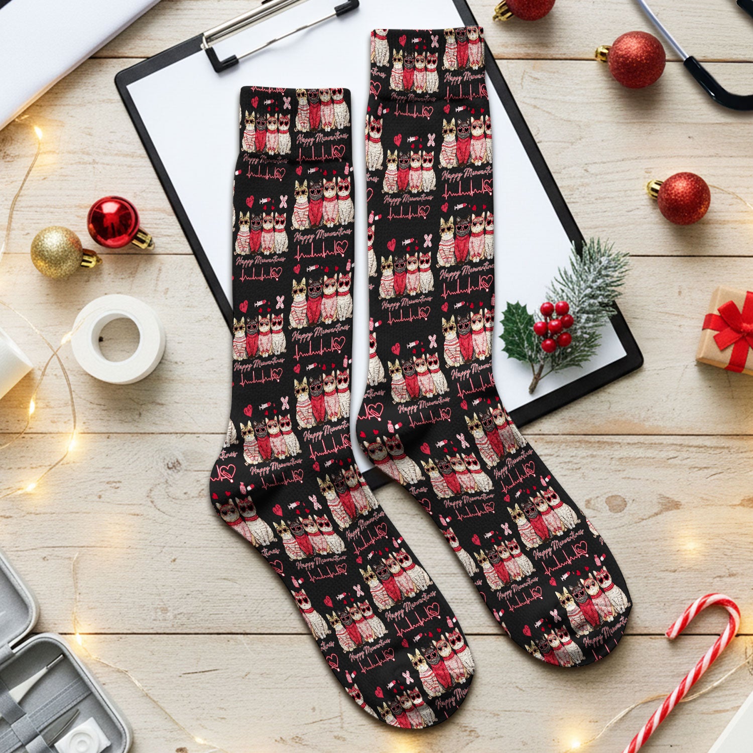 Happy Meowtines Cat Pattern Scrub Socks, Valentine Cat Lover Nurse Scrub Sock, Heartbeat Medical Pattern Nursing Uniform