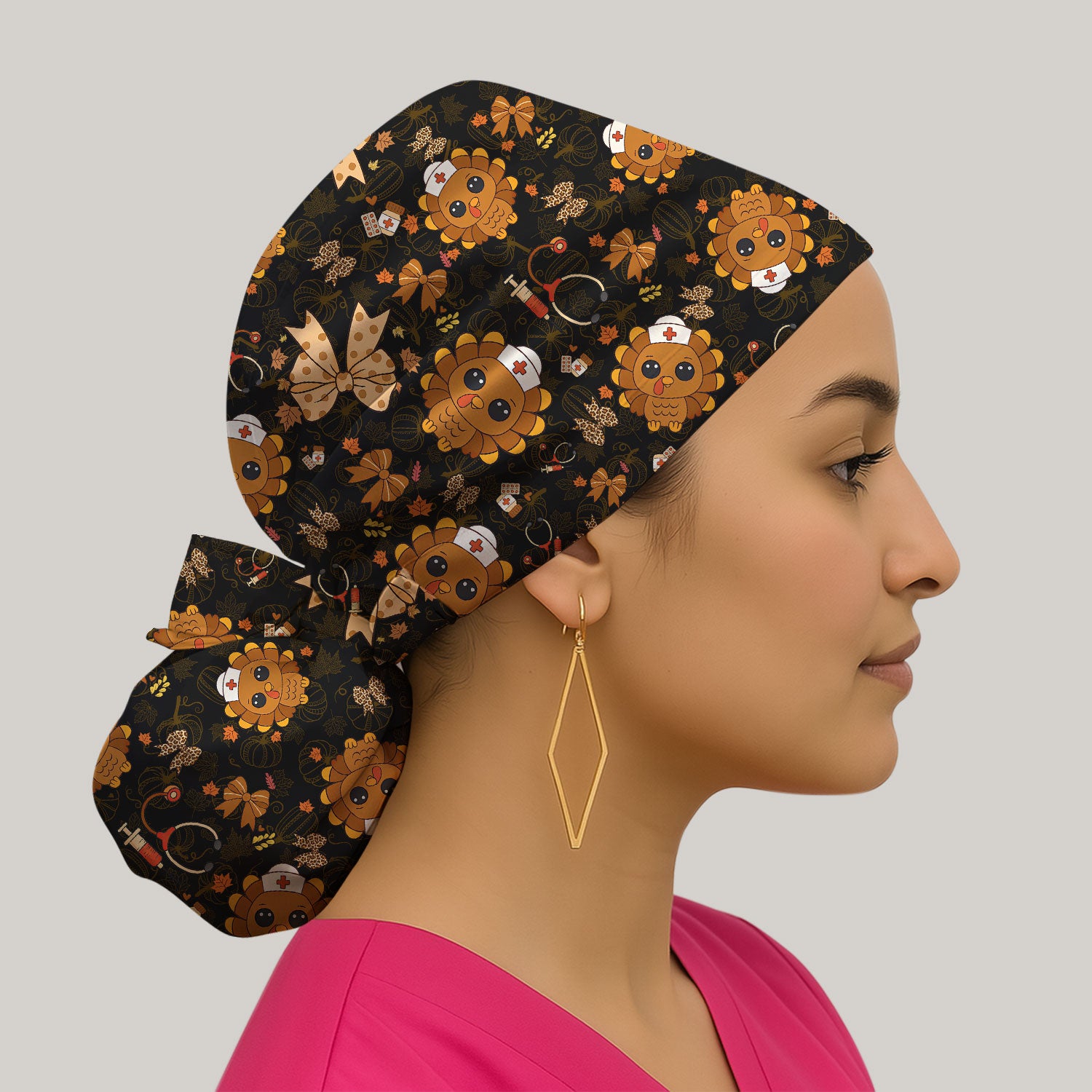 Thanksgiving Bouffant Scrub Caps for Women - Fall Leaves and Bow Holiday Nursing Gift - Breathable Fabrics Caps Uniform