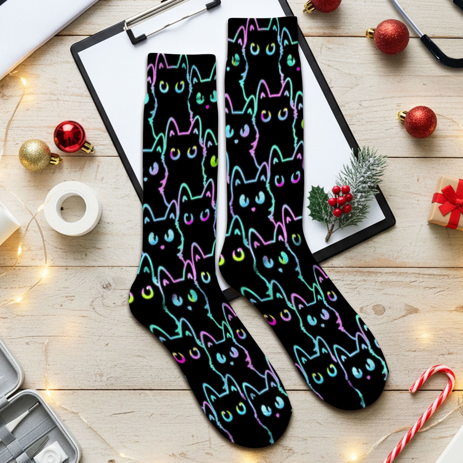 Neon Cat Pattern Scrub Socks, Black Cat Scrub Sock, Breathable Fabrics Nursing Uniform