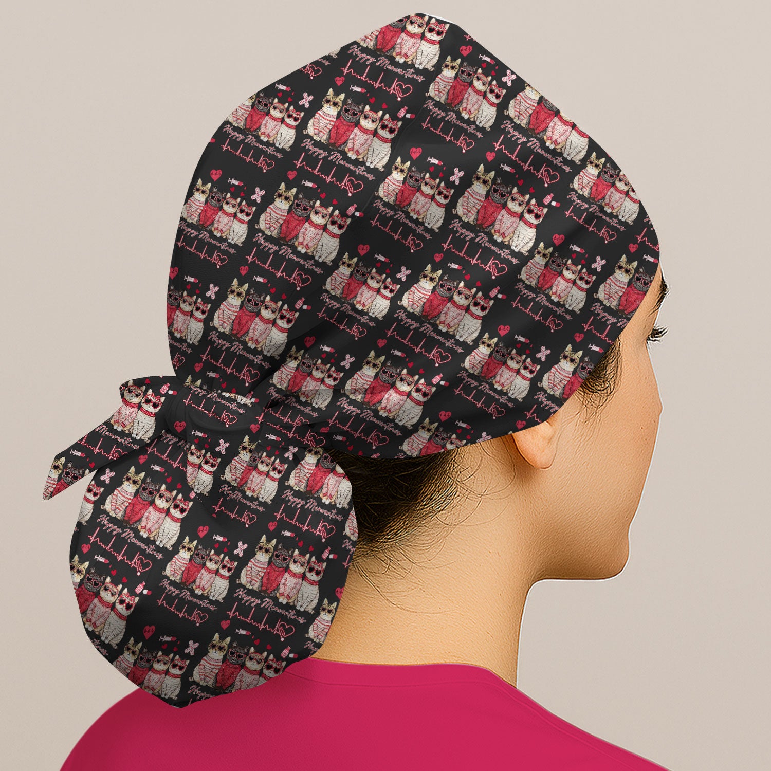 Happy Meowtines Cat Pattern Scrub Cap, Valentine Cat Lover Nurse Scrub Hat, Heartbeat Medical Pattern Nursing Uniform