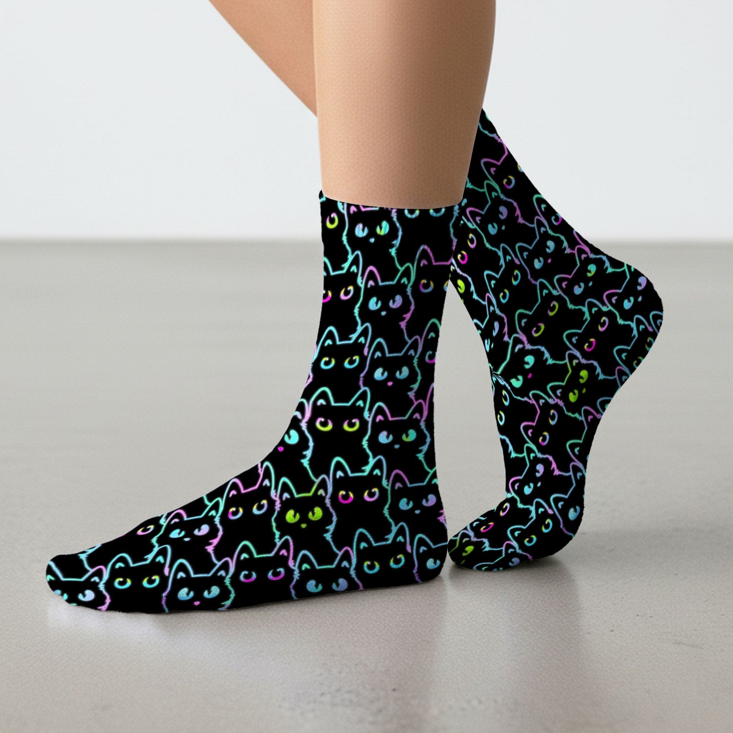 Neon Cat Pattern Scrub Socks, Black Cat Scrub Sock, Breathable Fabrics Nursing Uniform