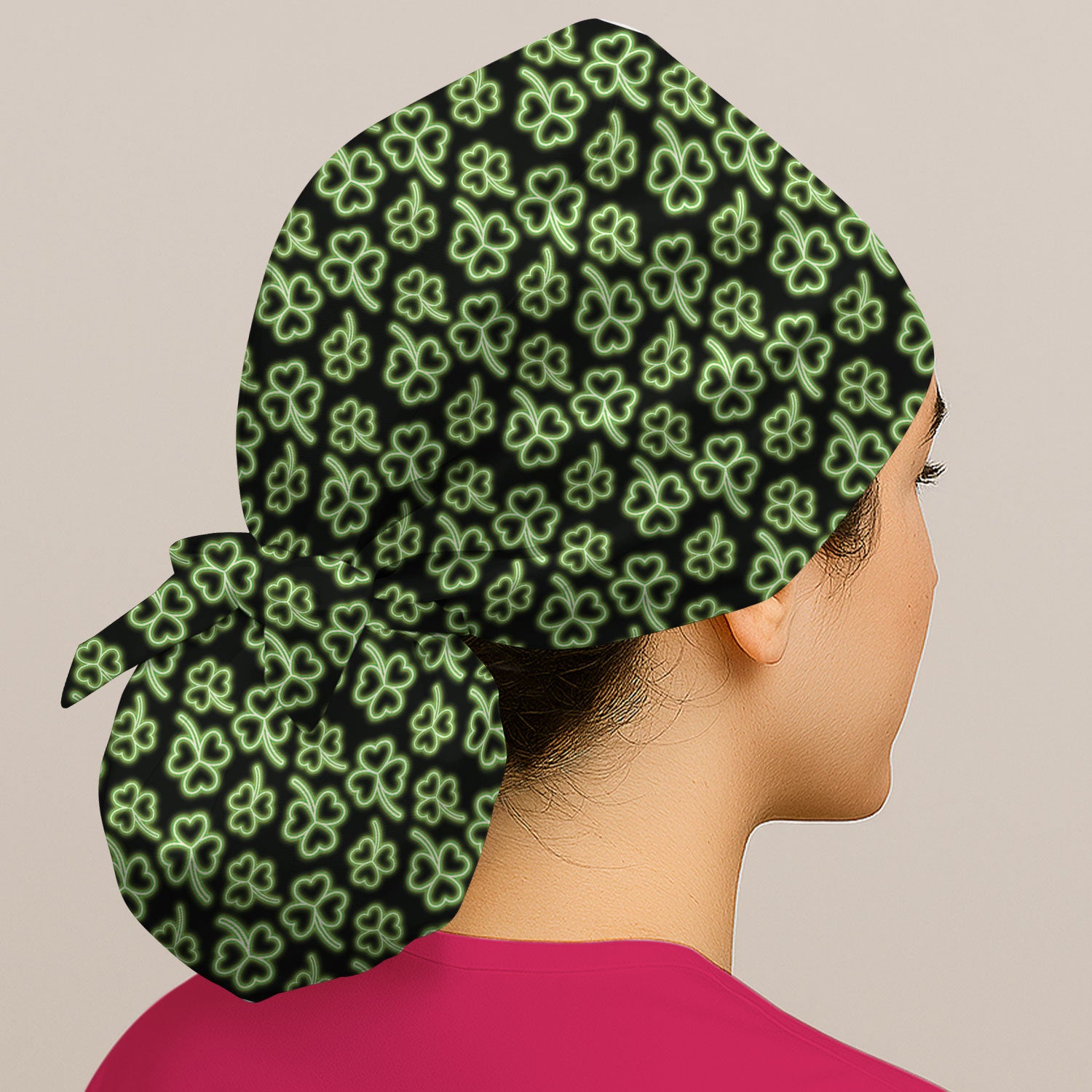 Neon Shamrock Nurse Scrub Cap, St. Patrick’s Day Glow Green Pattern Pattern Hat,  Breathable Fabrics Nursing Uniform