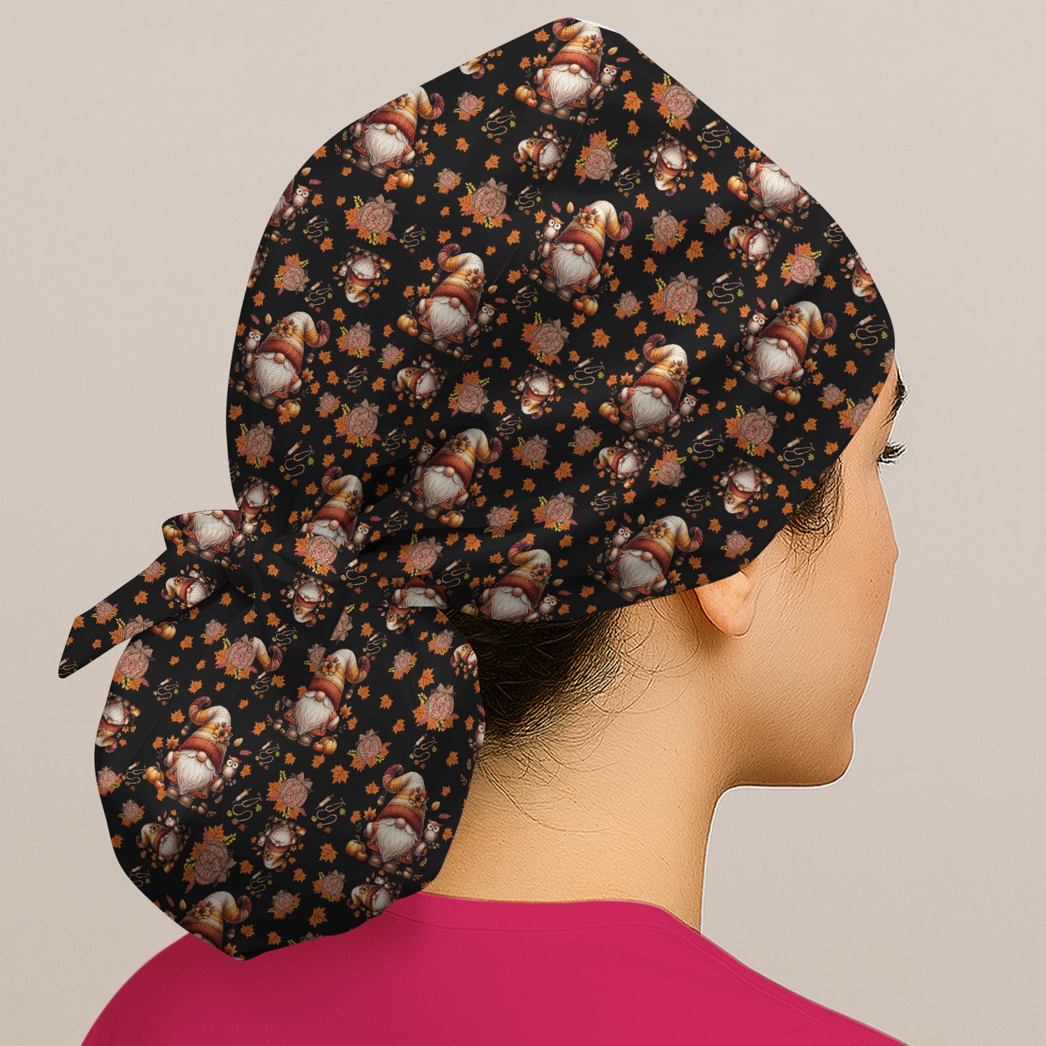 Autumn Leaves Pumpkin Bouffant Scrub Caps for Women - Thanksgiving Surgical Caps for Doctors - Gnome Lover Gift for Her