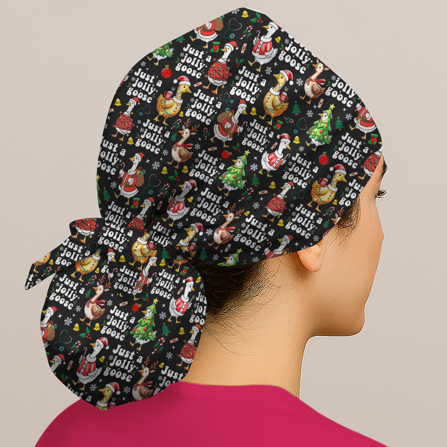 Just a Jolly Goose Bouffant Scrub Caps for Women - Santa Goose Holiday Nursing Gift - Breathable Fabrics Caps Uniform