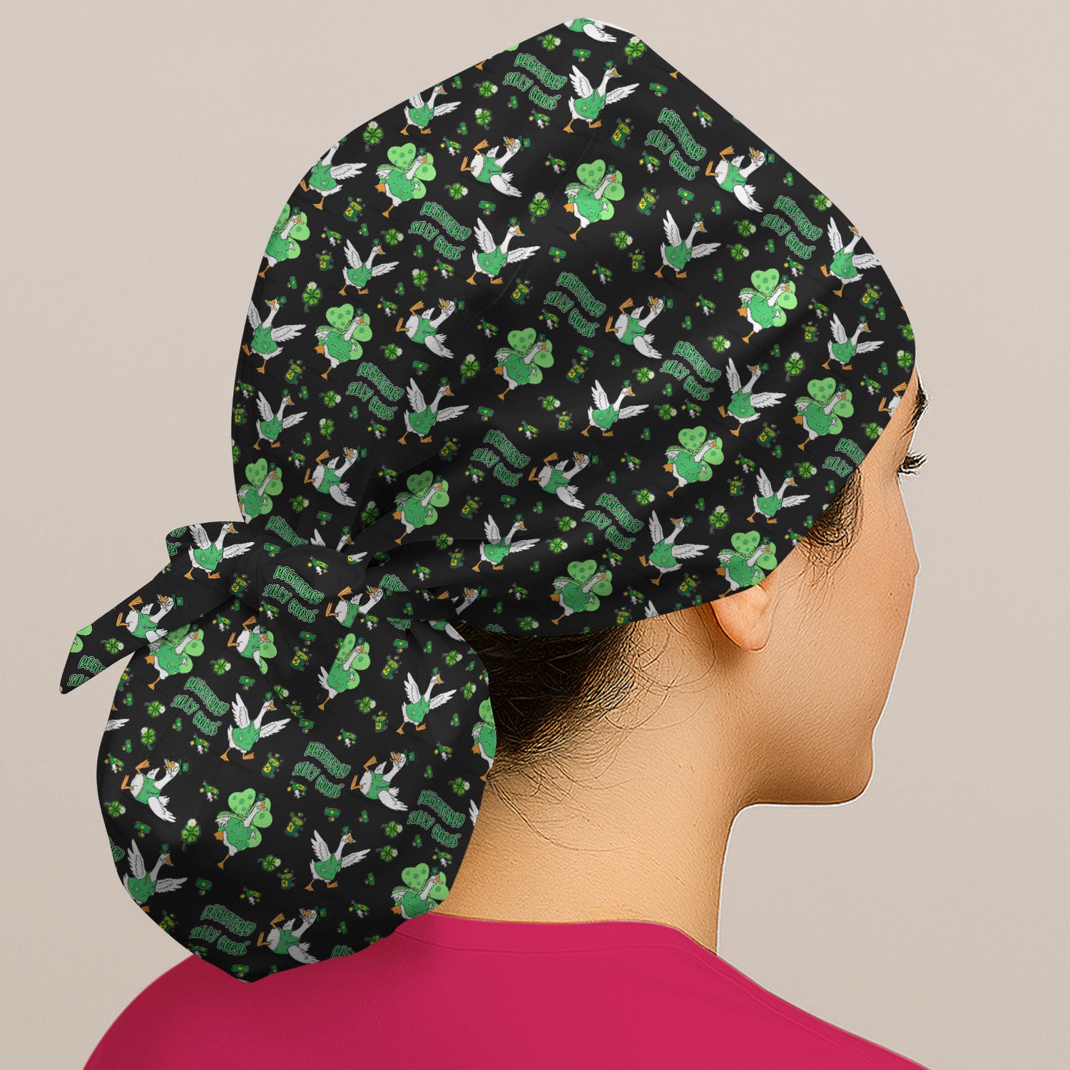 Silly Goose St. Patrick’s Day Scrub Cap, Funny Goose Shamrock Pattern Nurse Scrub Hat, Irish Green Nursing Uniform