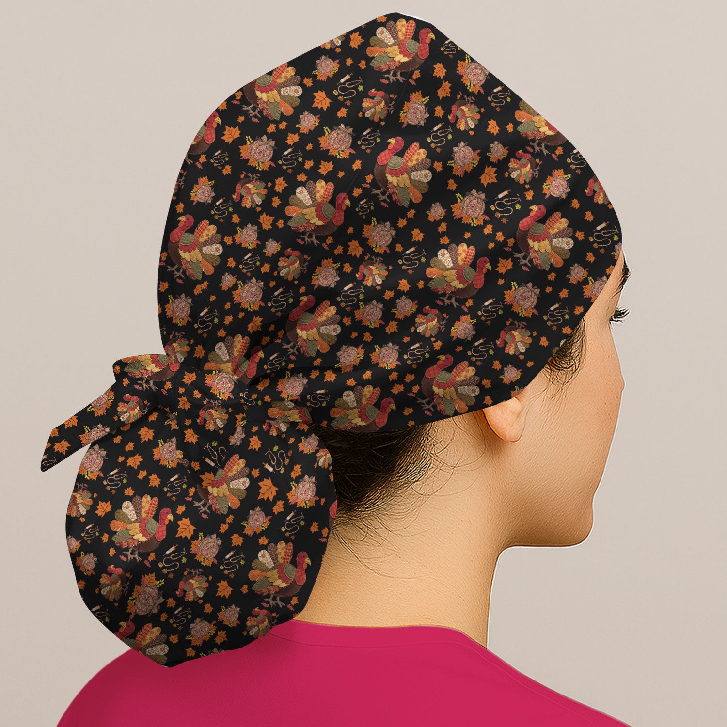 Fall Leaves Thanksgiving Bouffant Scrub Caps for Women - Breathable Fabrics Caps Uniform - Funny Turkey Surgical Caps for Doctors