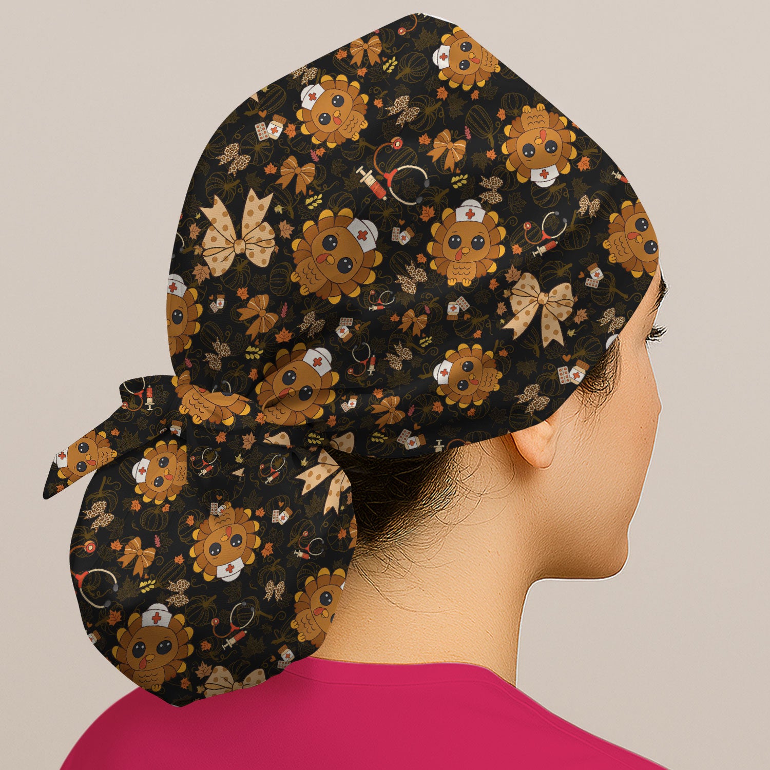 Thanksgiving Bouffant Scrub Caps for Women - Fall Leaves and Bow Holiday Nursing Gift - Breathable Fabrics Caps Uniform