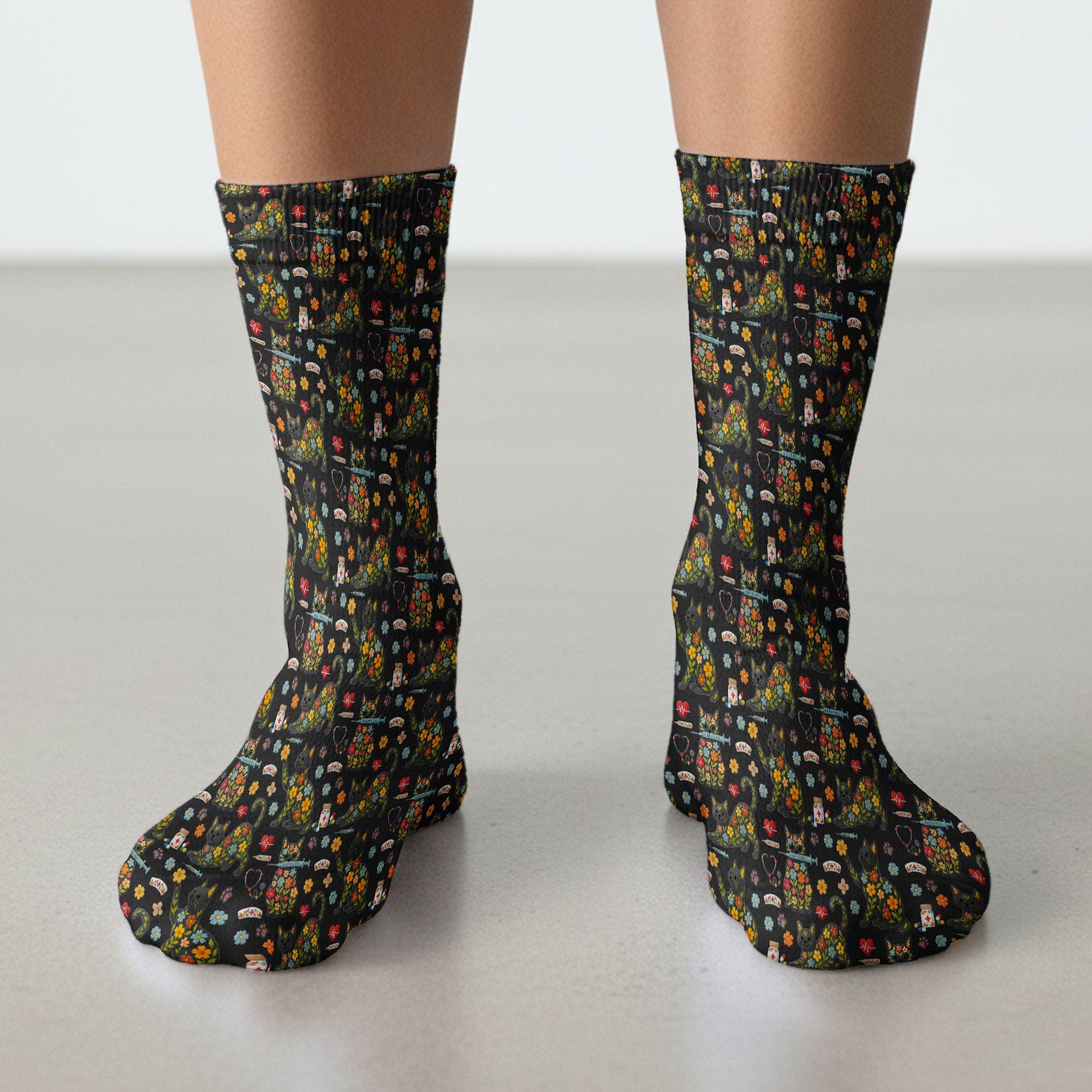 Floral Black Cat Pattern Scrub Socks, Cute Cat Nurse Scrub Sock, Medical Nursing Uniform
