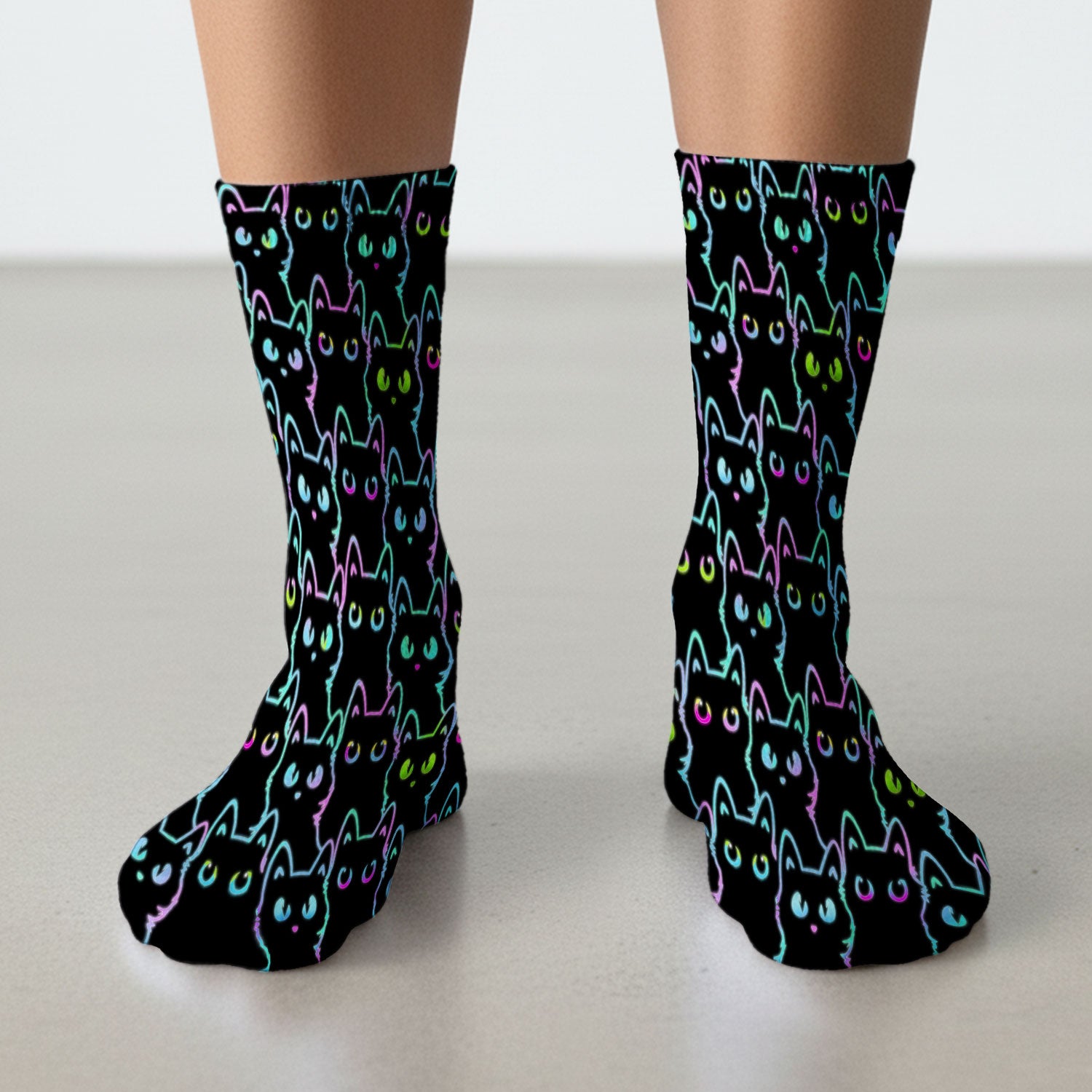 Neon Cat Pattern Scrub Socks, Black Cat Scrub Sock, Breathable Fabrics Nursing Uniform