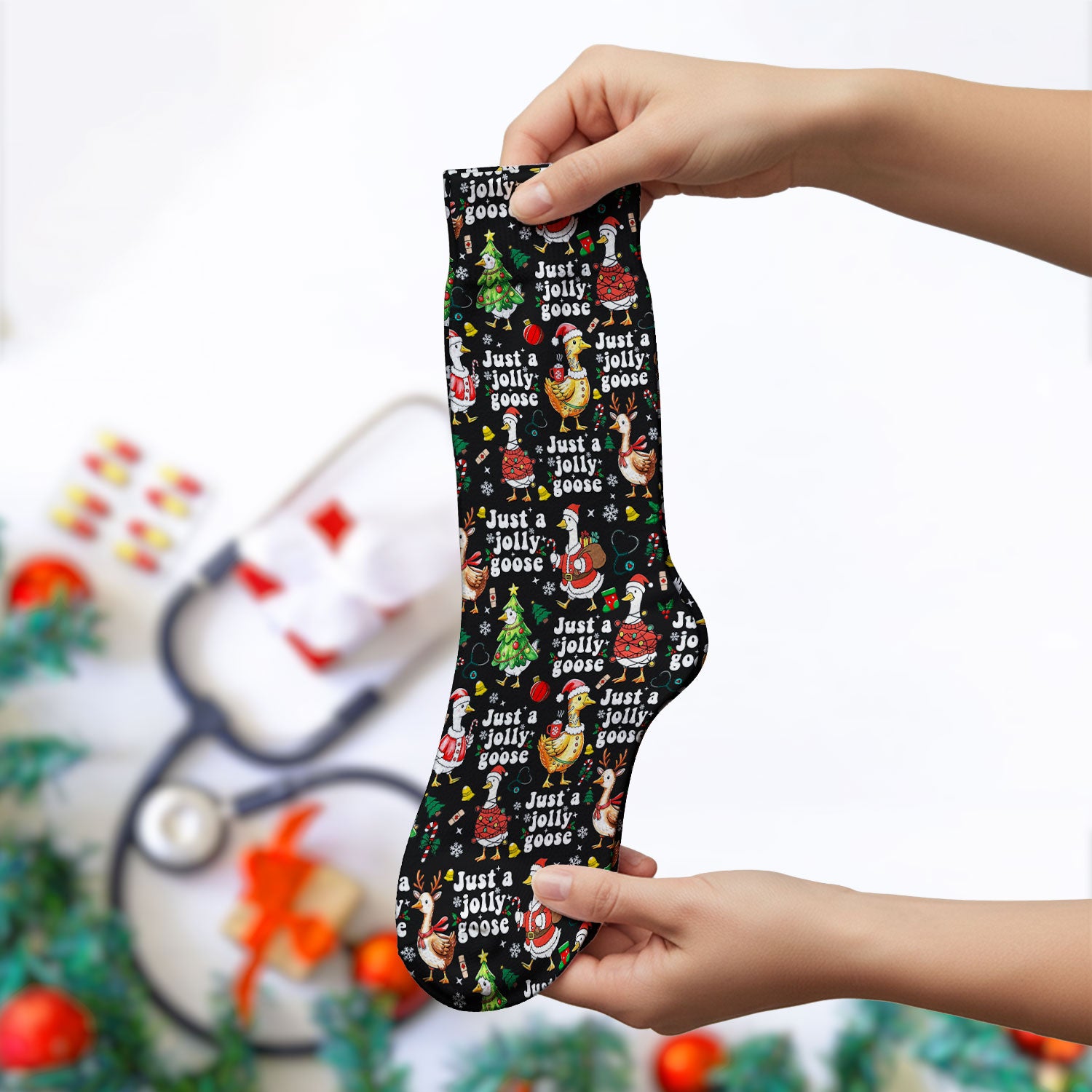 Just a Jolly Goose Socks for Nurse Doctor - Santa Goose Adult Socks for Men and Women - Breathable Fabrics Medical Uniform