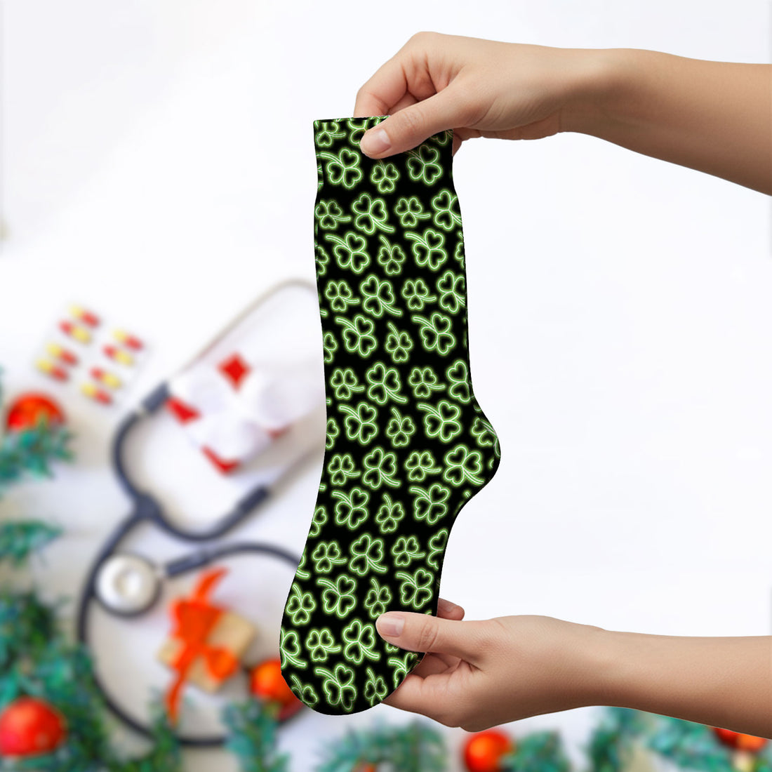 Neon Shamrock Nurse Scrub Socks, St. Patrick’s Day Glow Green Pattern Pattern Sock,  Breathable Fabrics Nursing Uniform