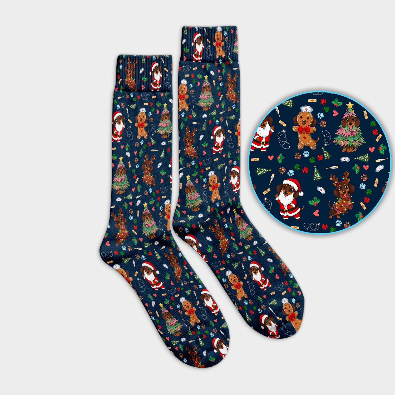 Wiener Dog Christmas Scrub Socks – Funny Dachshund Pattern Medical Sock – Festive Holiday Uniform for RN, LPN, CNA, and Vet Techs