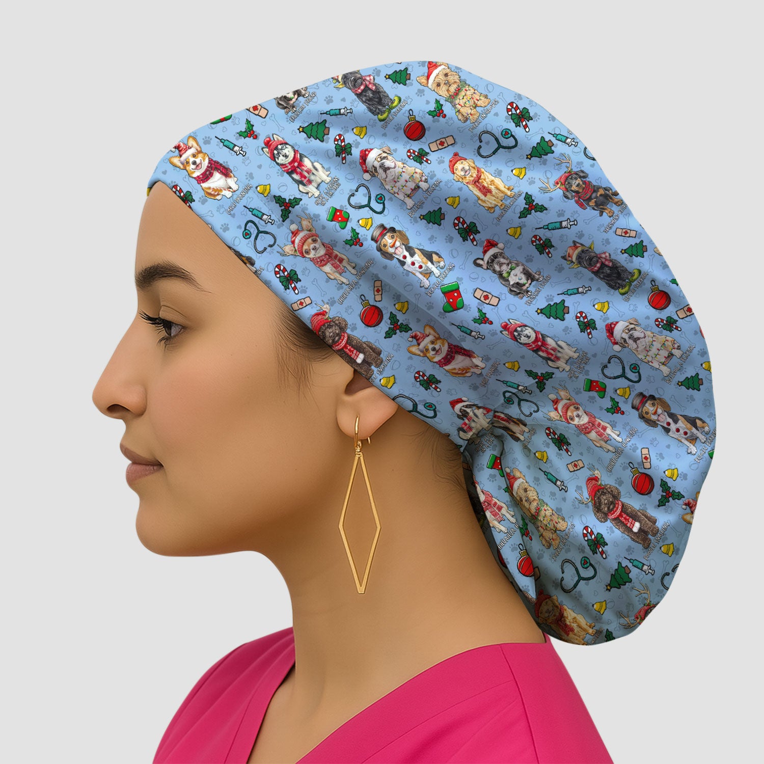 Cute Christmas Dog Bouffant Scrub Caps for Women - Corgi, Dachshund, Husky, Poodle & Labrador Surgical Caps for Doctors - Breathable Fabrics Caps Uniform