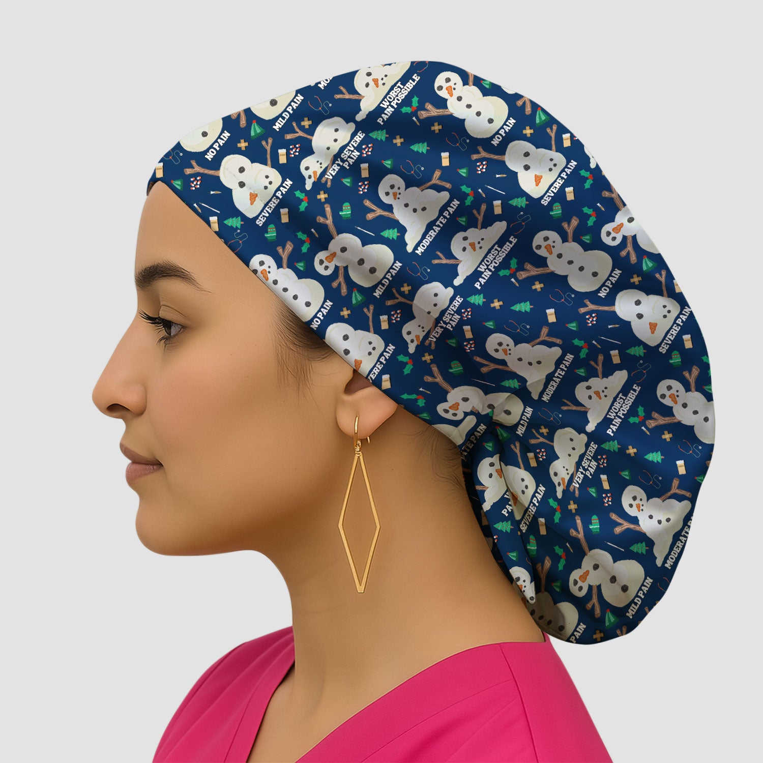 Funny Snowman Pain Scale Bouffant Scrub Caps for Women - Christmas Holiday Nursing Gift