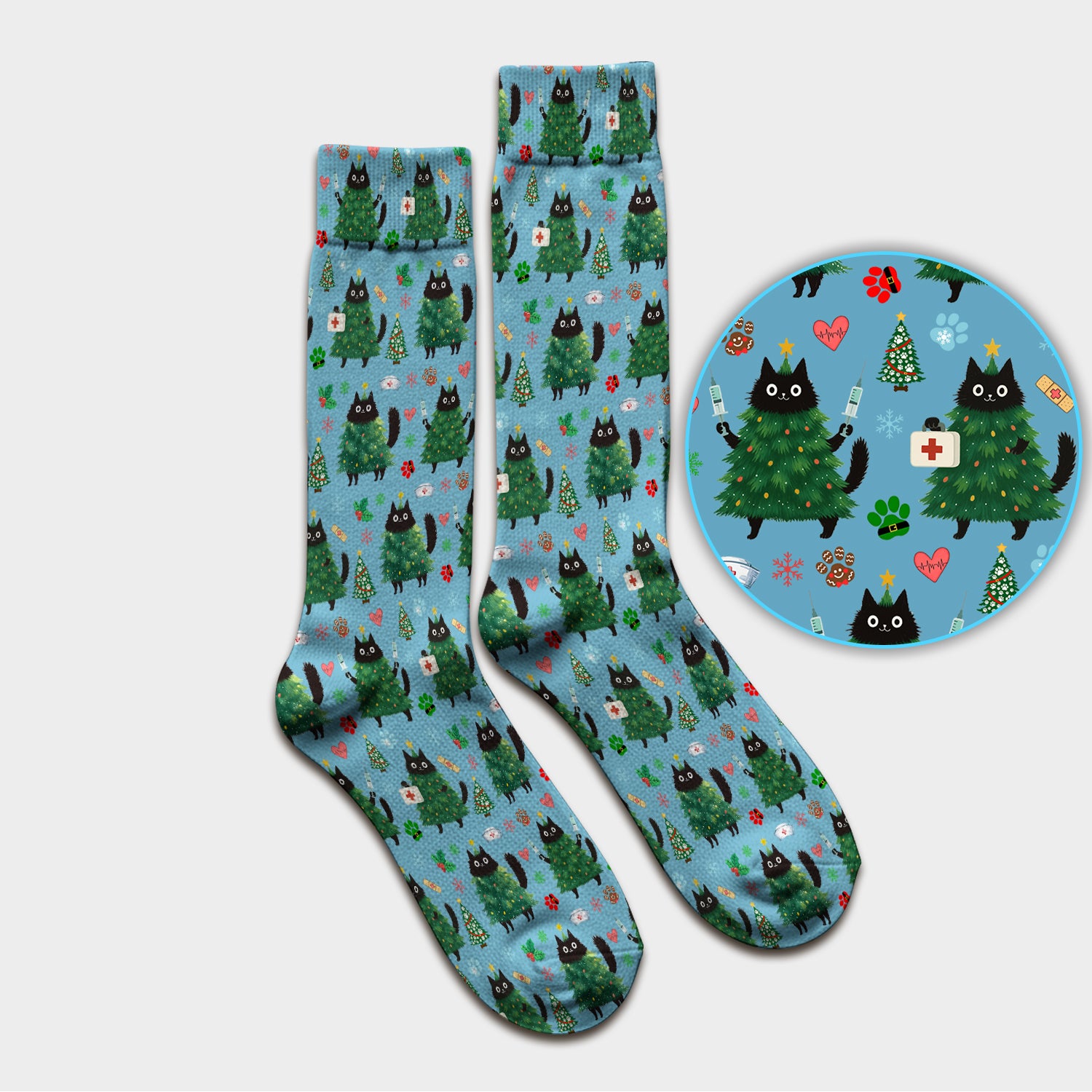 Christmas Nurse Scrub Socks, Xmas Black Cat Pattern Nurse Sock,  Breathable Fabrics Nursing Uniform