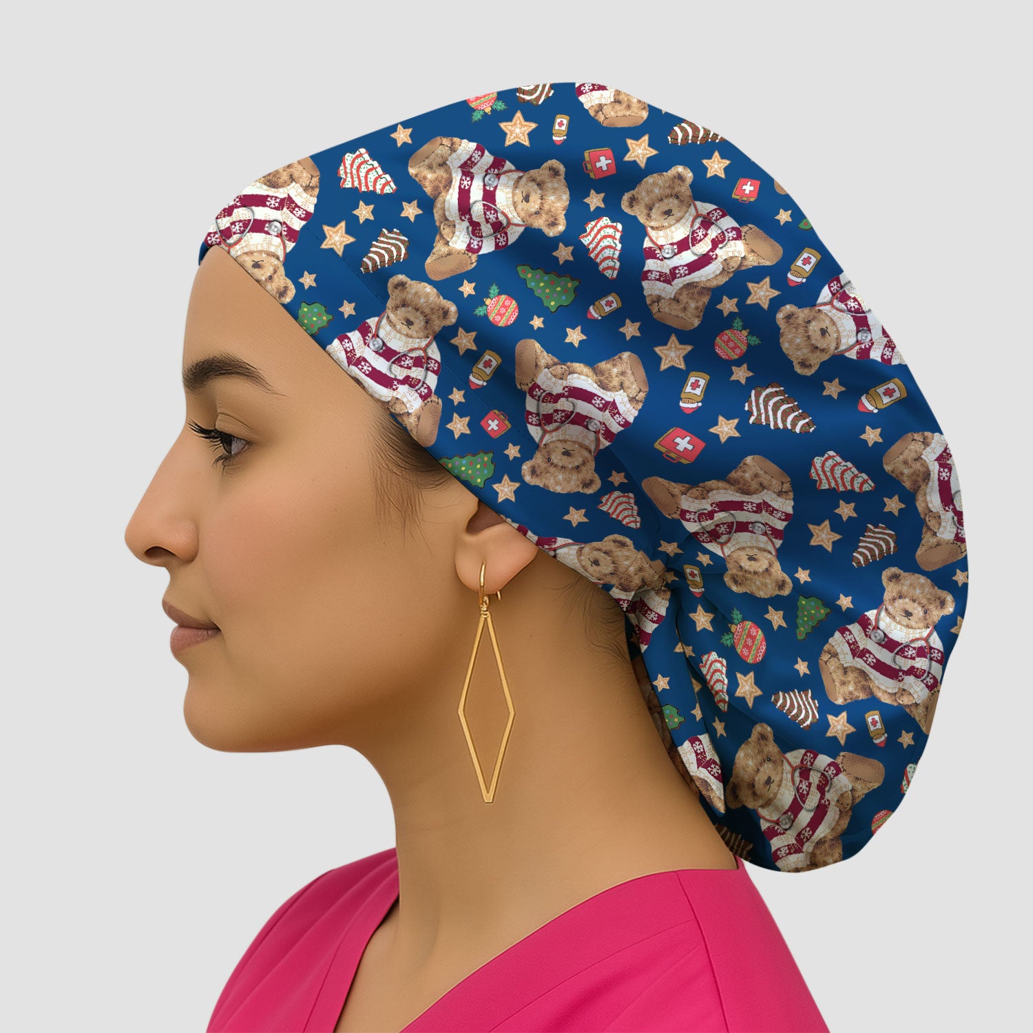Teddy Bear Christmas Bouffant Scrub Caps for Women - Festive Holiday Nursing Gift - Breathable Fabrics Caps Uniform